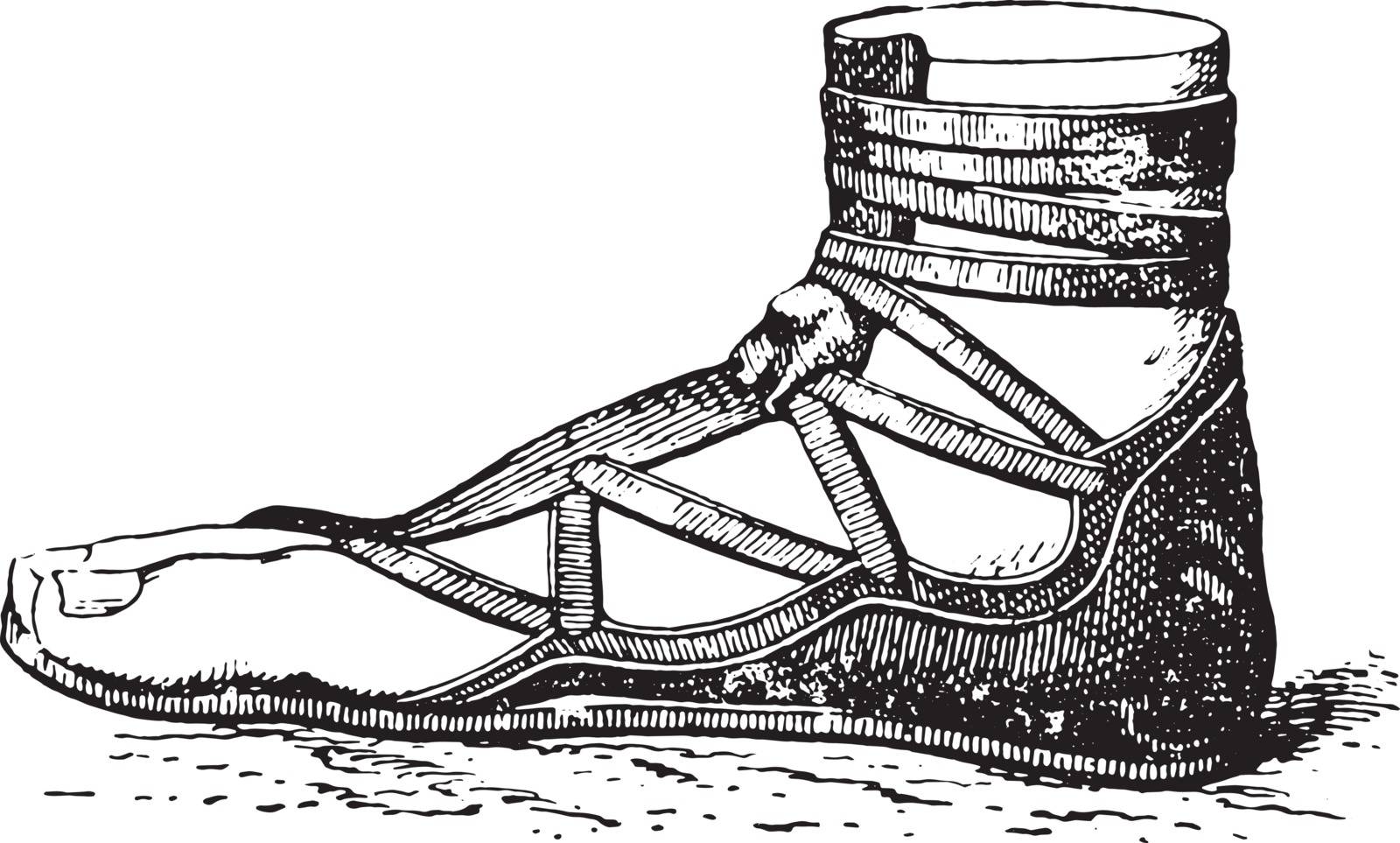 Greek shoe, vintage engraved illustration.
