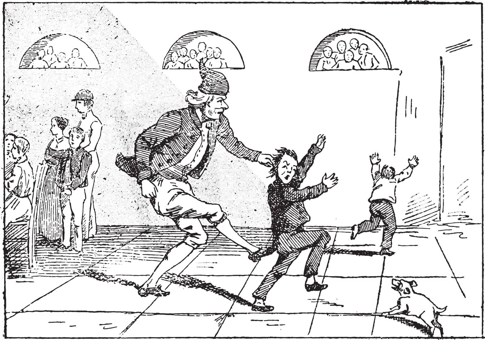 The progenitor gives chase to his grand-son, vintage engraved illustration.
