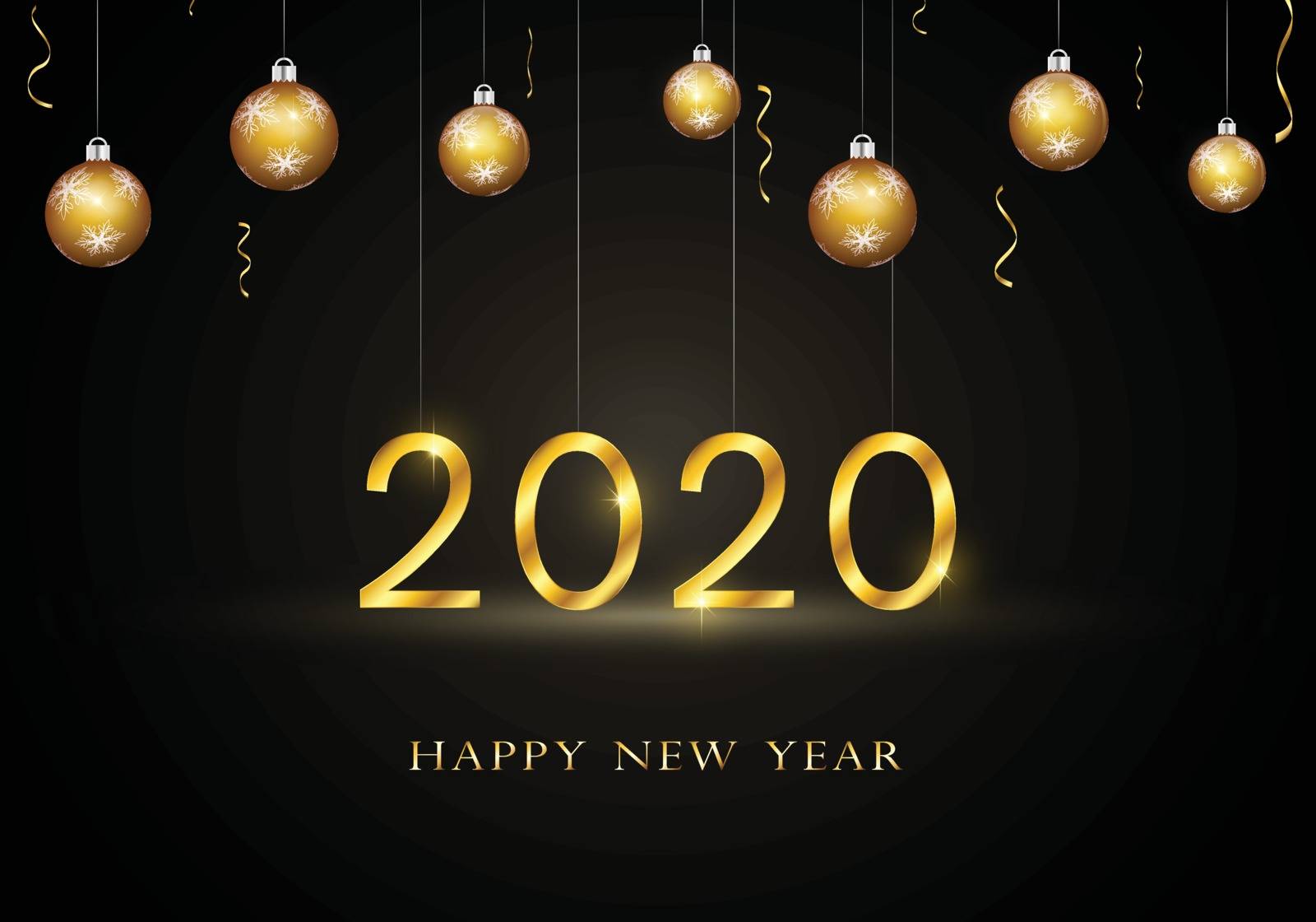 2020 Happy New Year background with gold shiny numbers and letters. Hanging christmas tree ornaments, falling golden confetti. Dark celebration design with lights. 3D illustration.