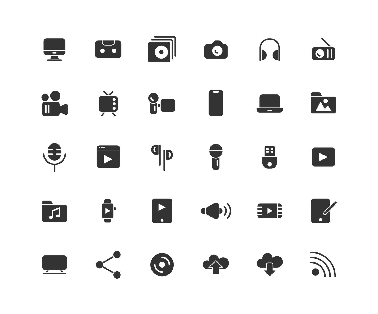 Media solid icon set, Vector and Illustration. by doraclub