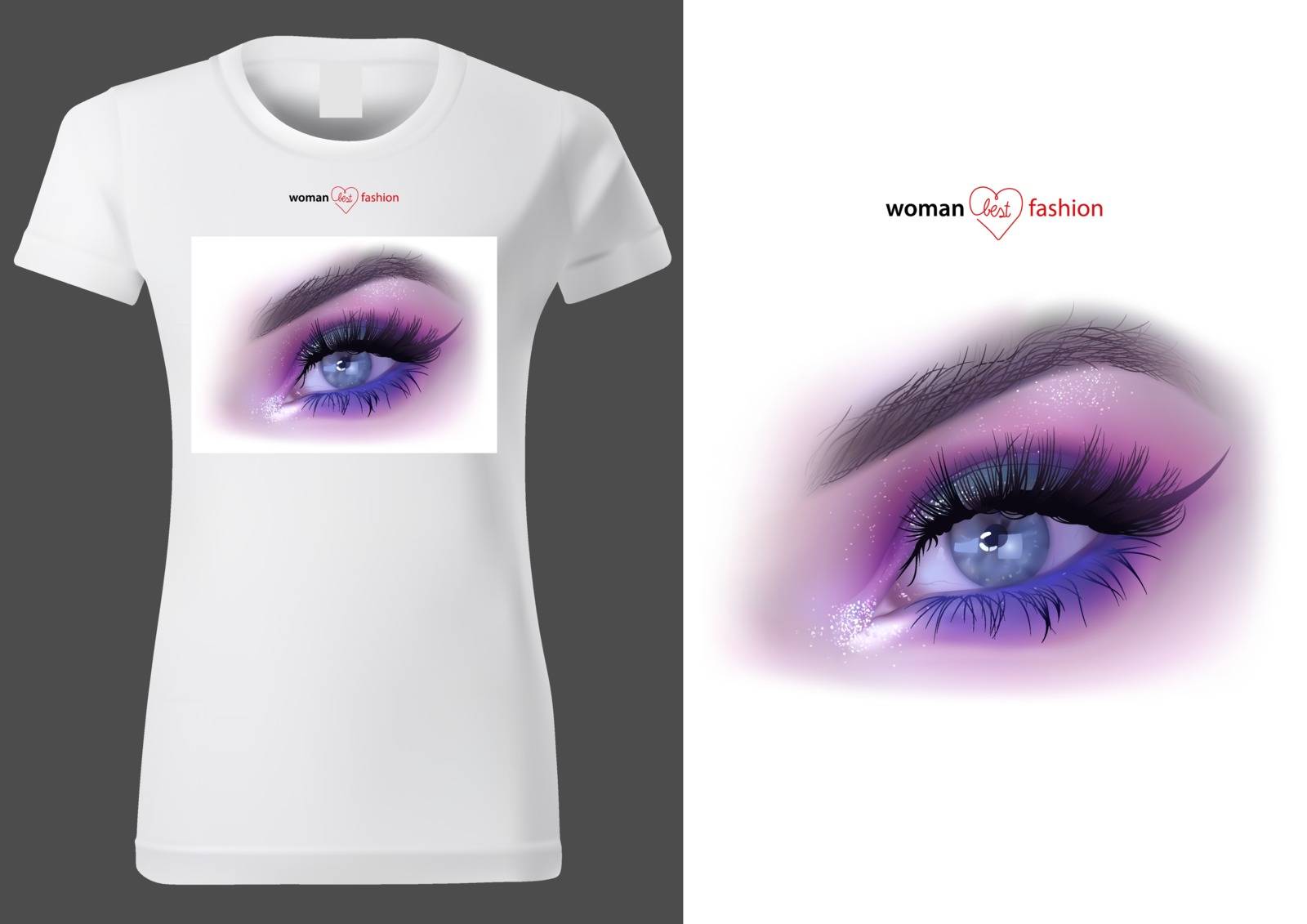 Design of Women White T-shirt with Detail of the Makeup Eye - Colored Fashion Illustration, Vector