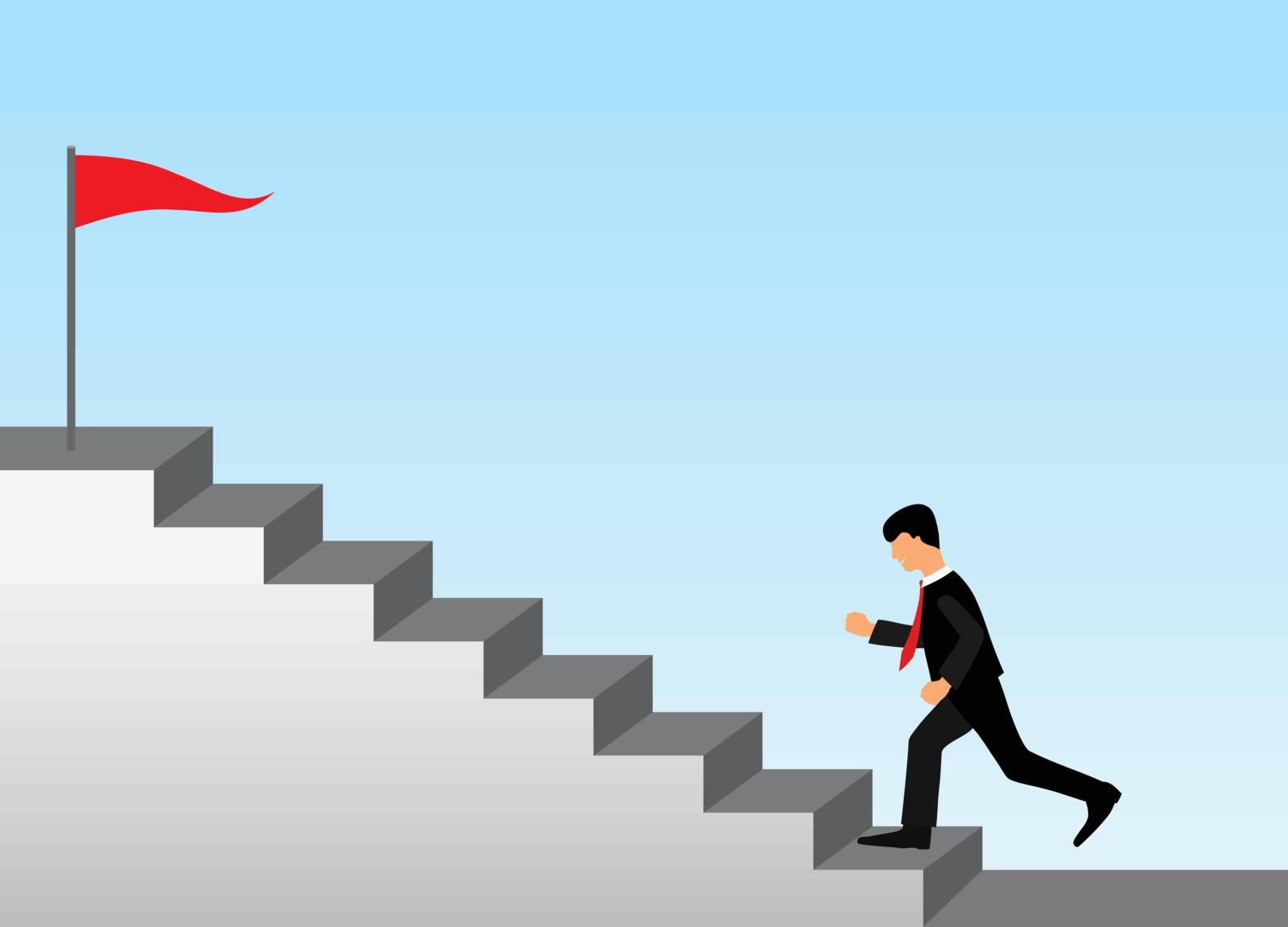 Business success concept. Businessman in black suit and red necktie running up stairs. At the top of the staircase a red flag blows wind on a pole.