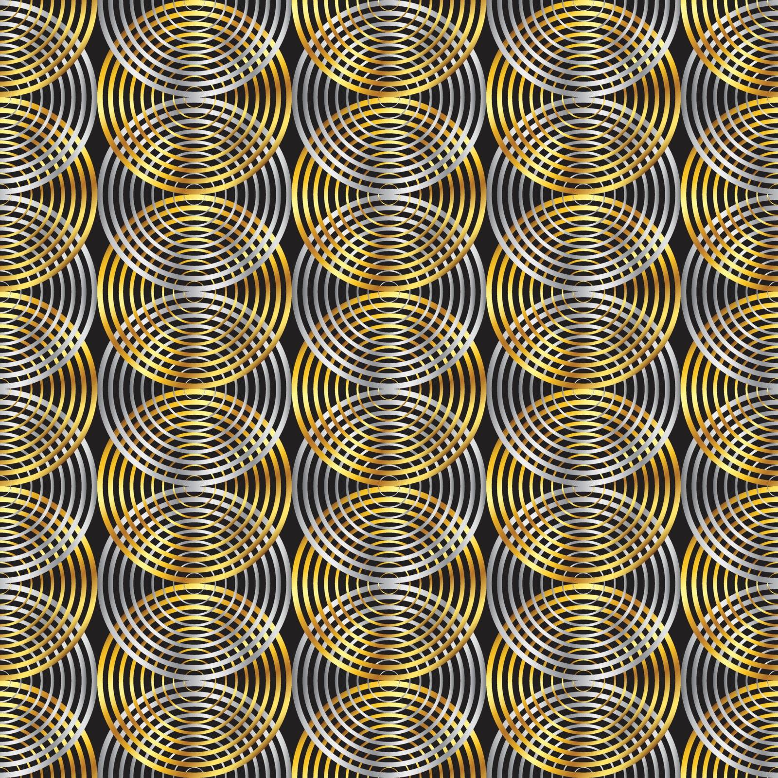 Luxury seamless pattern. Concentric circles in gold and silver colors, on black isolated background.