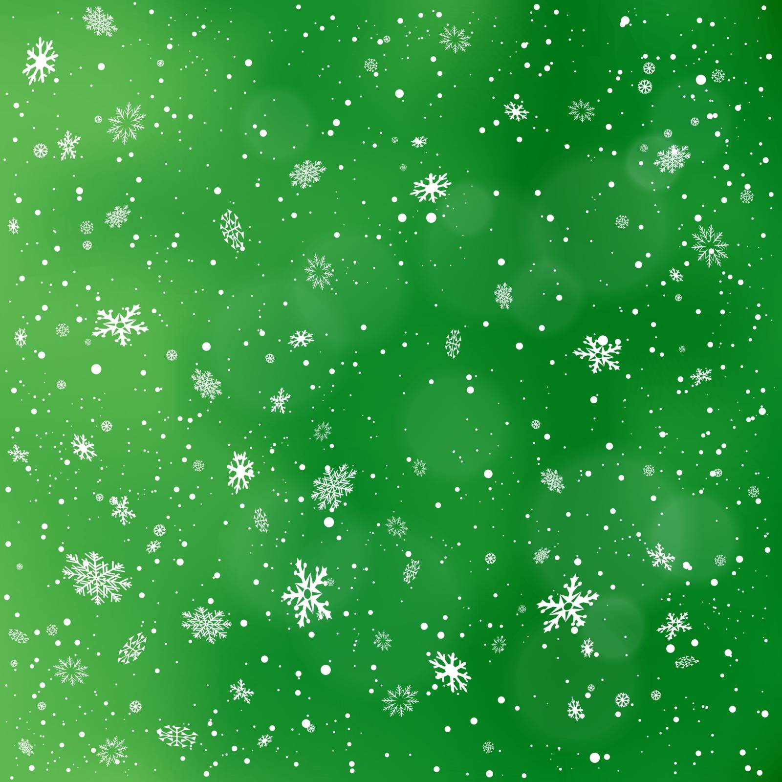 Closeup snowfall on green backdrop. Winter holiday Christmas background. Big and small snowflakes falling from clouds