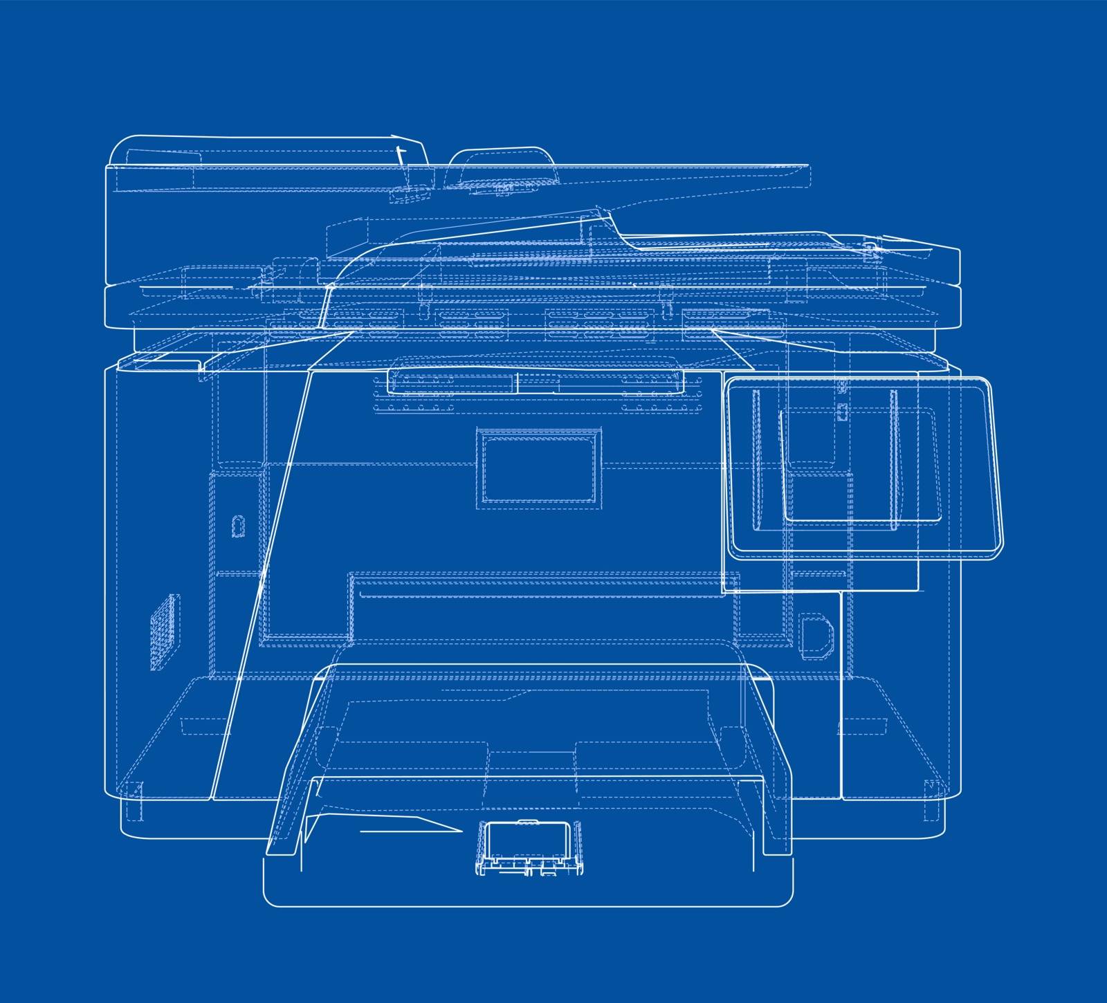 Printer concept. Vector rendering of 3d. Wire-frame style. The layers of visible and invisible lines are separated