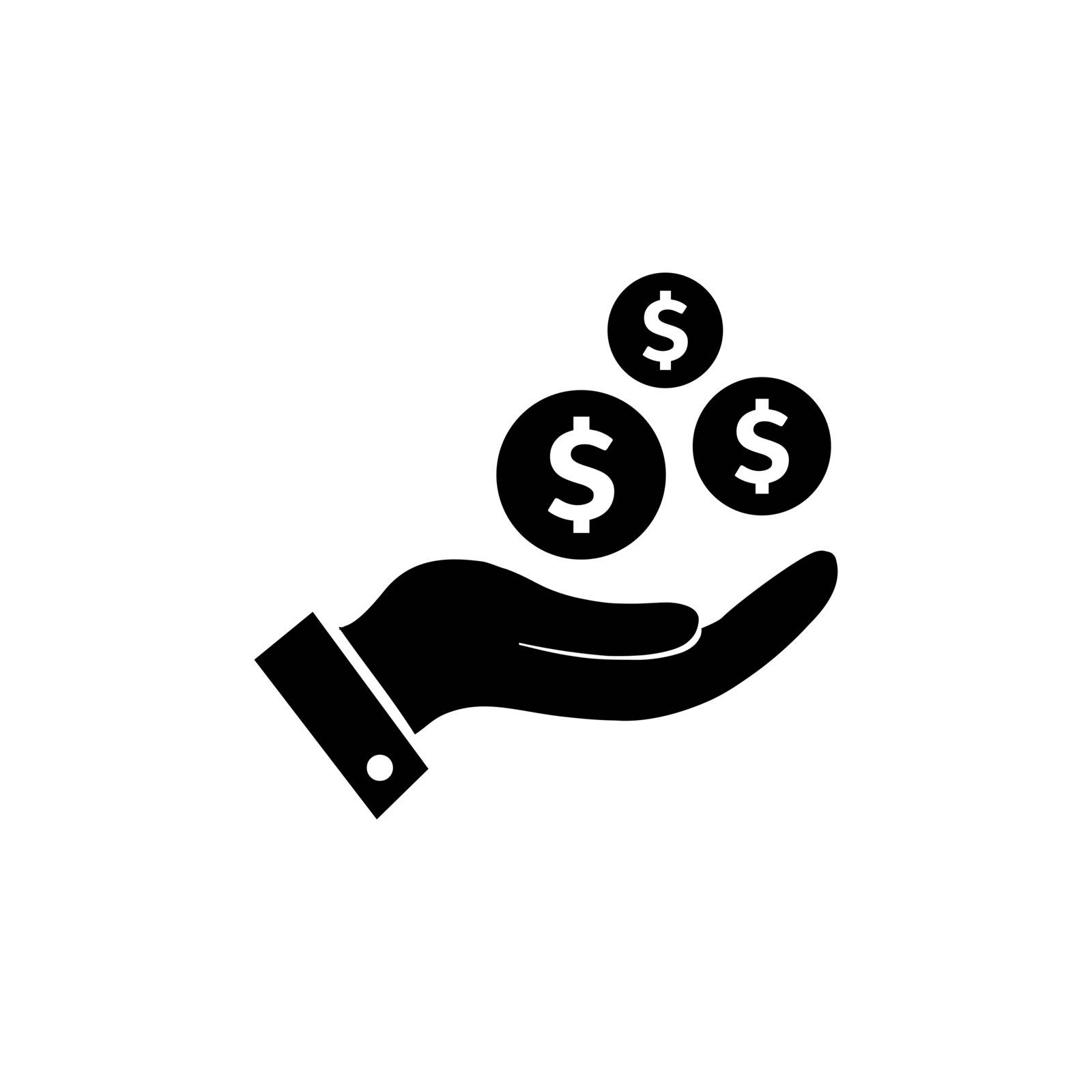 Earn money icon. Money in hand symbol in flat style isolated on white background. Coins in hand sign. Simple black hand with dollars vector abstract icon for web site design or button to mobile app.