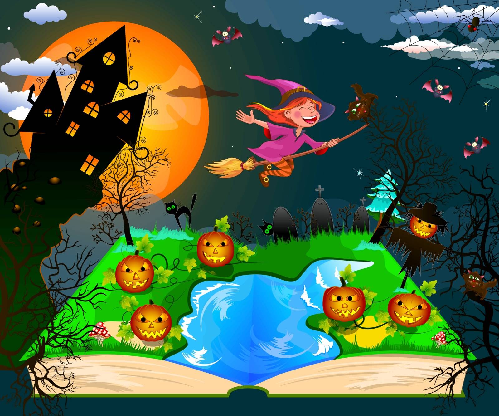 Night on Halloween. Joyful little witch flying on a broomstick in the night sky, against the backdrop of a castle, a pumpkin and trees, surrounded by bats. Witch and cat flying on a broom.