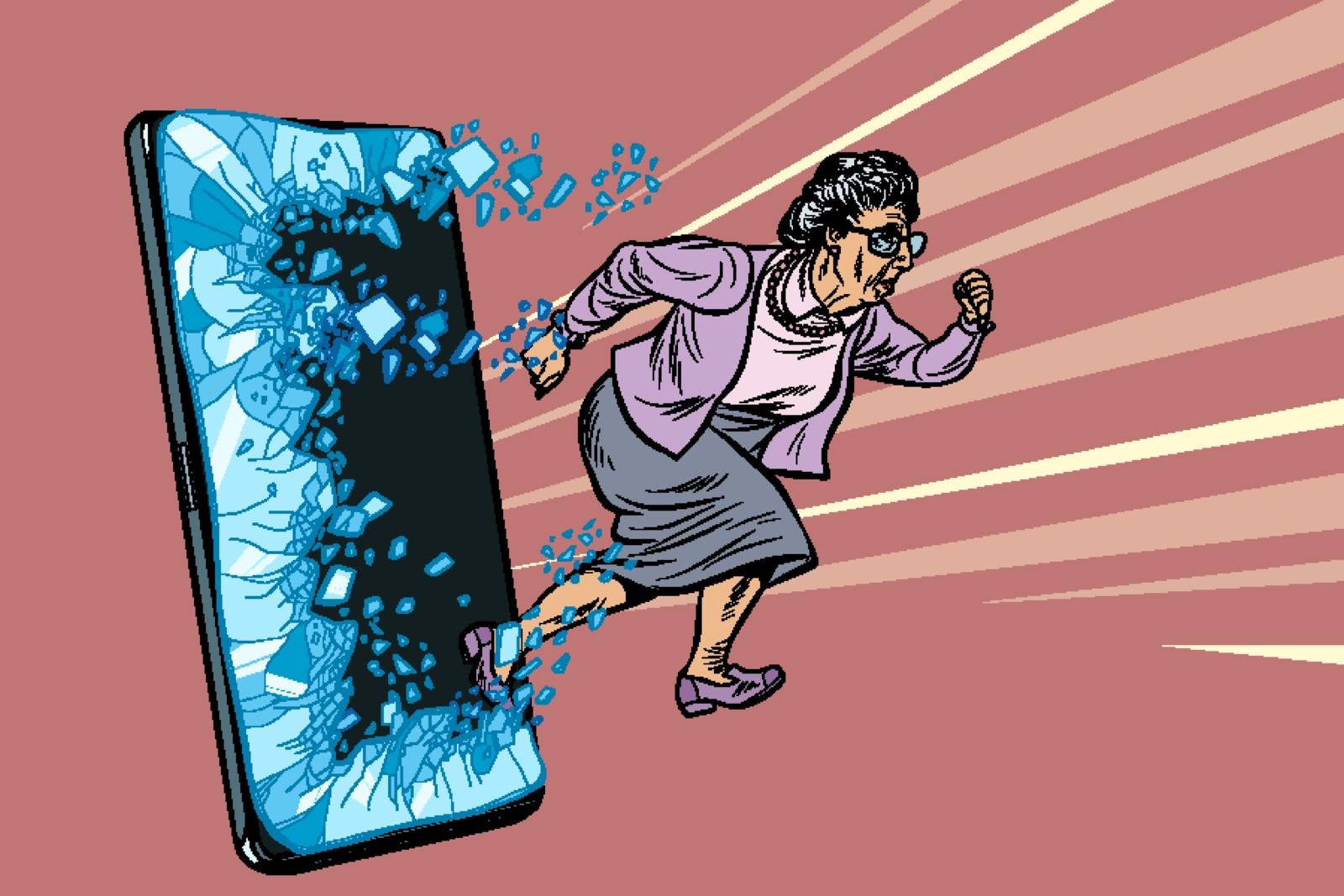 female retired lady and new technology concept. grandmother punches the screen of the smartphone and goes online. Phone gadget smartphone. Online Internet application service program. Pop art retro vector illustration drawing vintage kitsch
