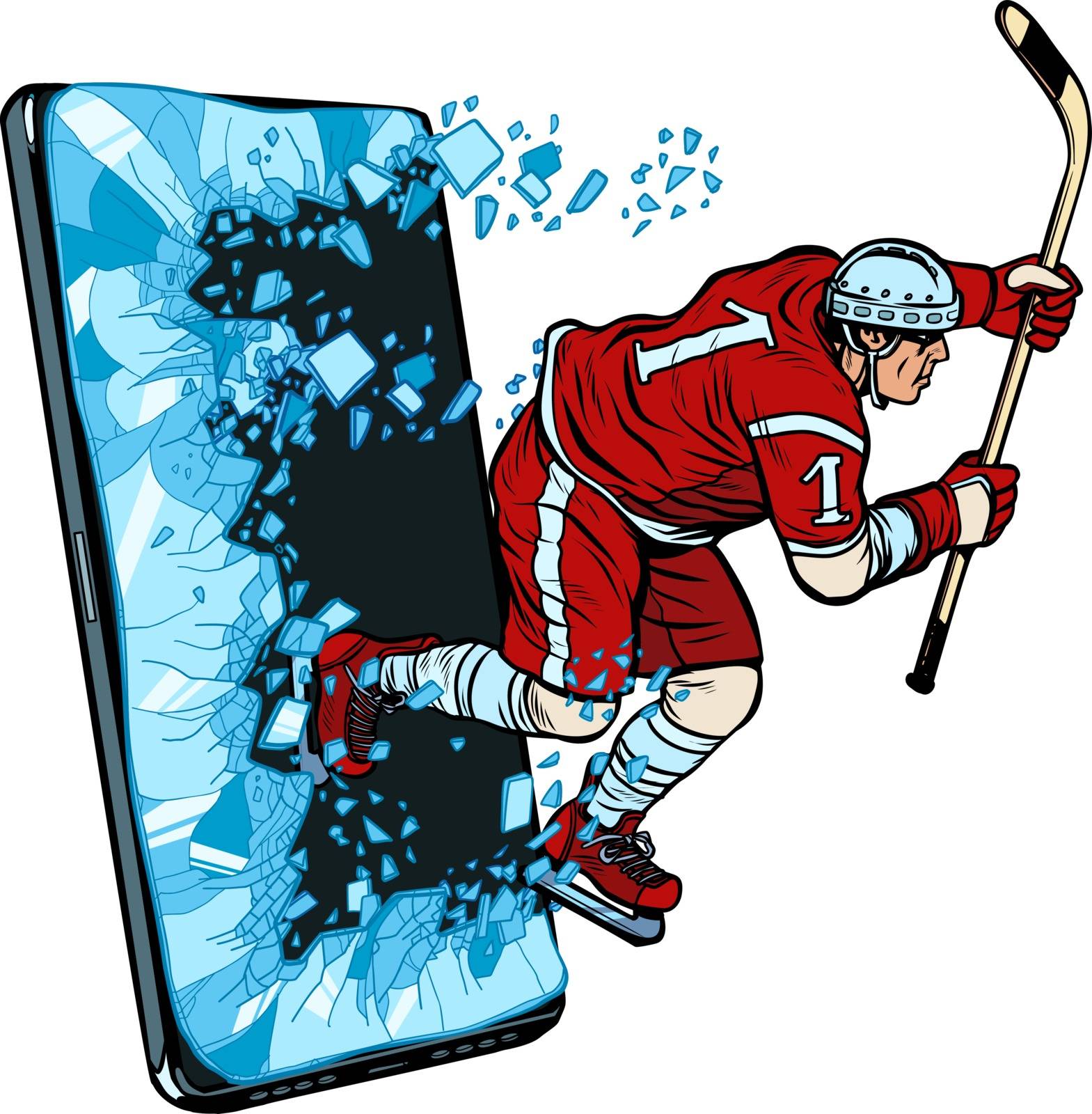 hockey player Phone gadget smartphone. Online Internet application service program. Pop art retro vector illustration drawing vintage kitsch