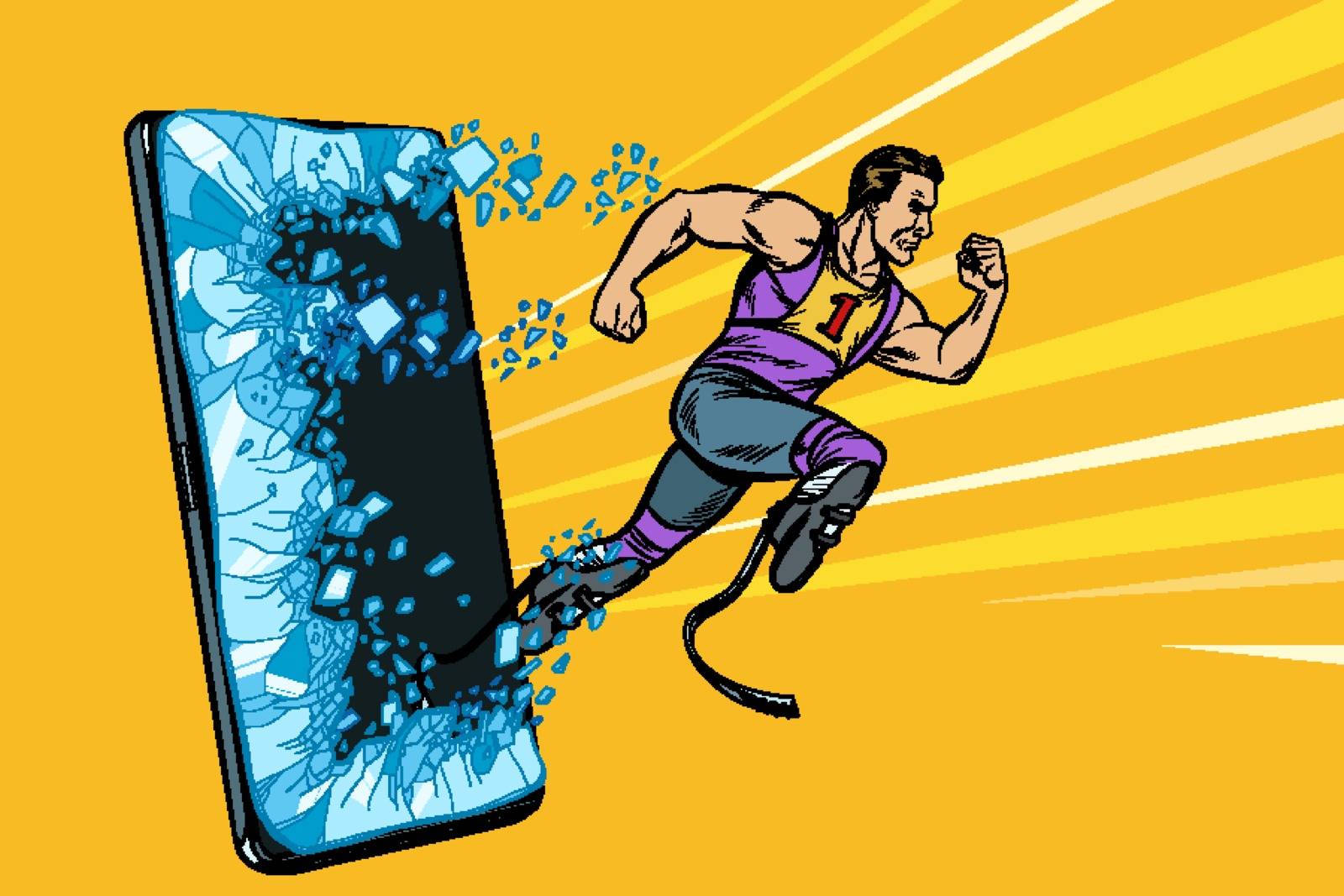 legless male athlete running with a prosthetic Phone gadget smartphone. Online Internet application service program by studiostoks