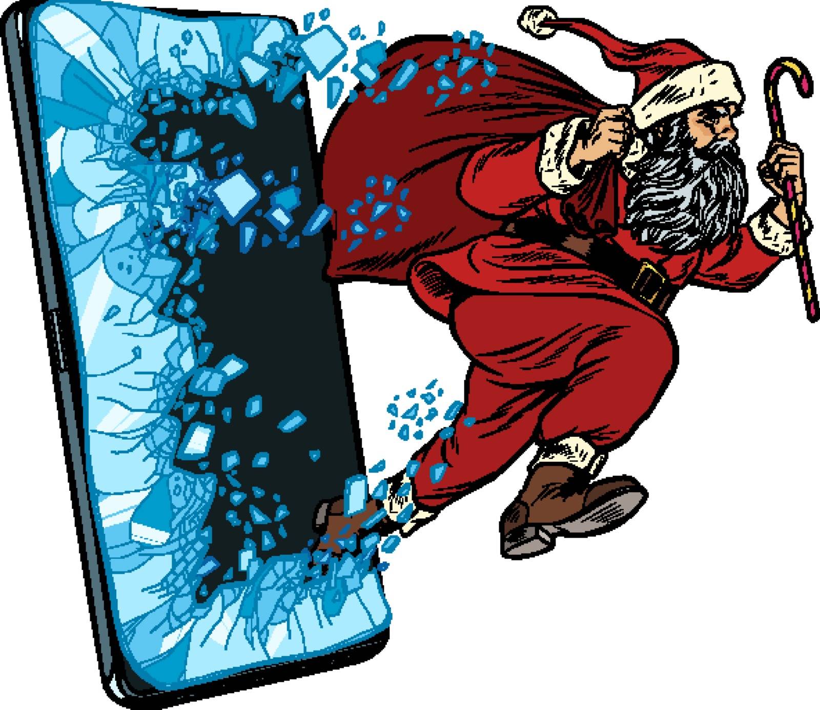 Christmas online sales concept. Santa Claus comes out of the smartphone. Online Internet application service program. Pop art retro vector illustration drawing vintage kitsch