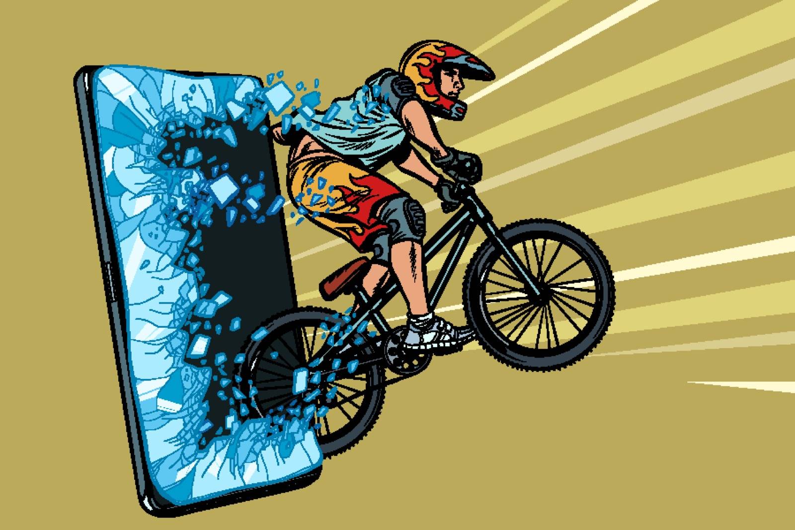 sports online news concept. athlete cyclist in a helmet on a mountain bike. Online Internet application service program. Pop art retro vector illustration drawing vintage kitsch