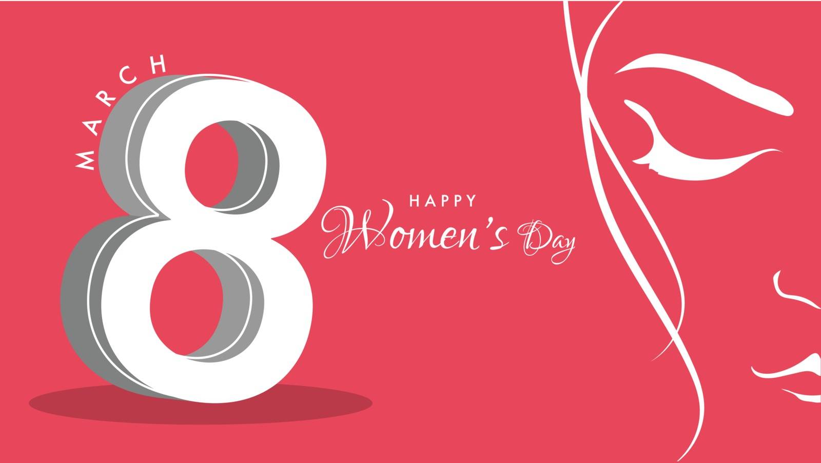 Illustration of woman face with lettering of 8 march women's day on pink background. Header or banner design.