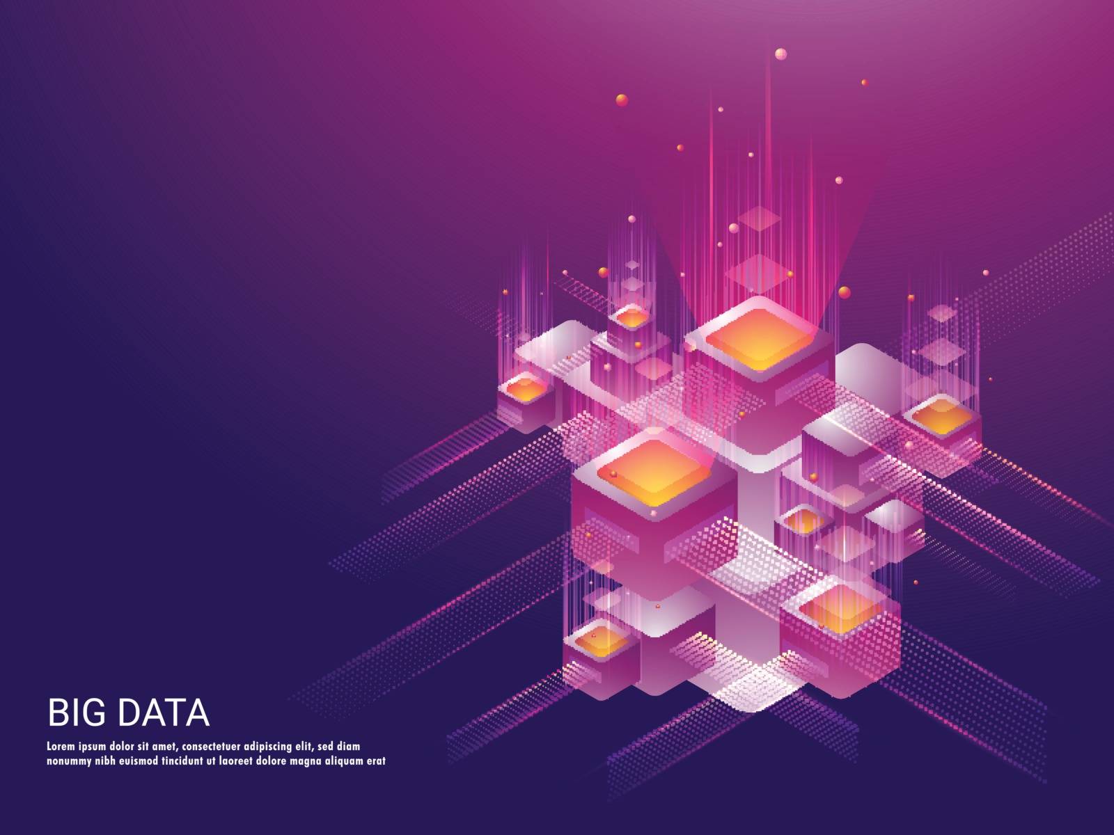 Big Data concept based isometric illustration of glowing servers and abstract elements on shiny purple background.