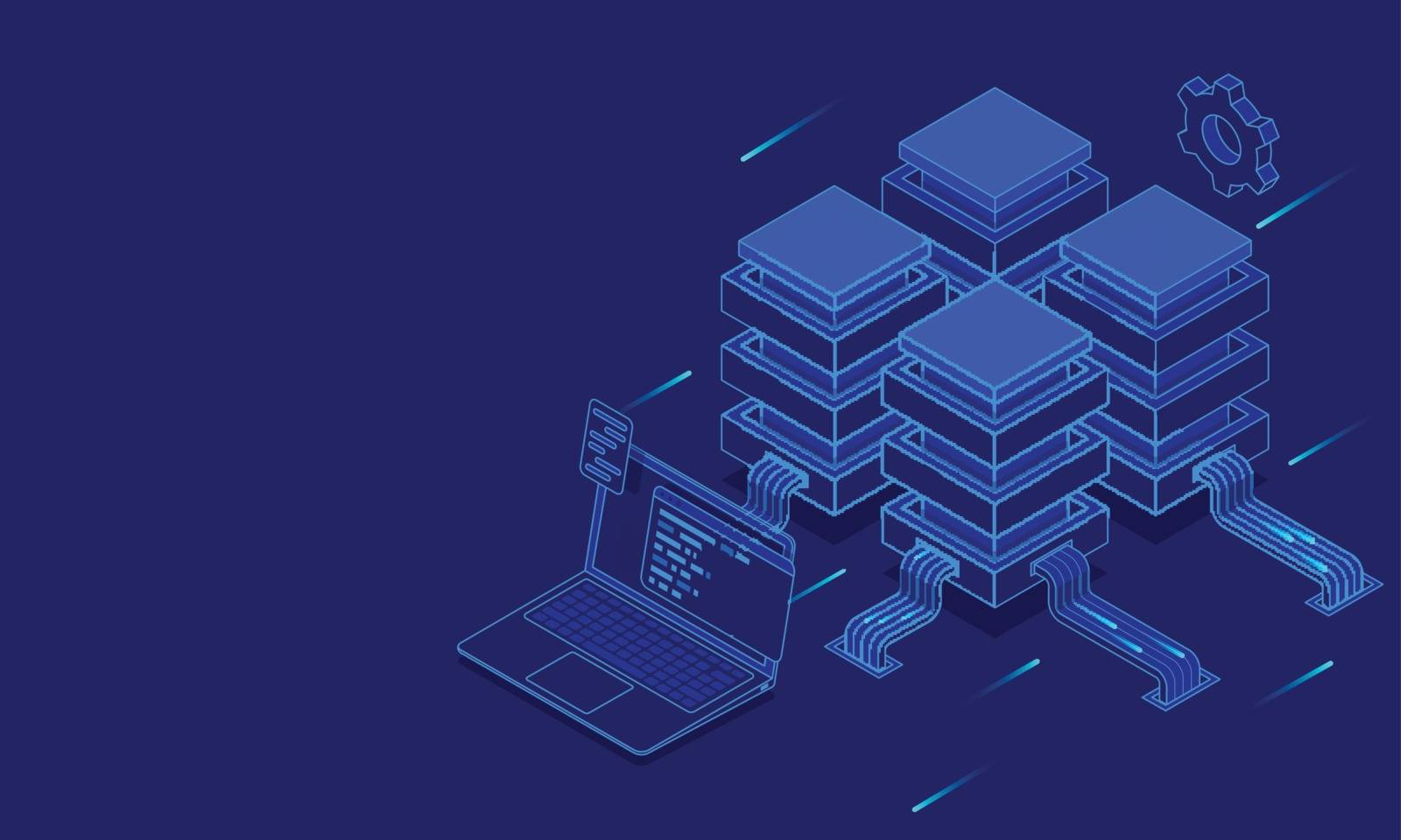 Data center concept, isometric local servers connected to laptop on blue background with space for your text.