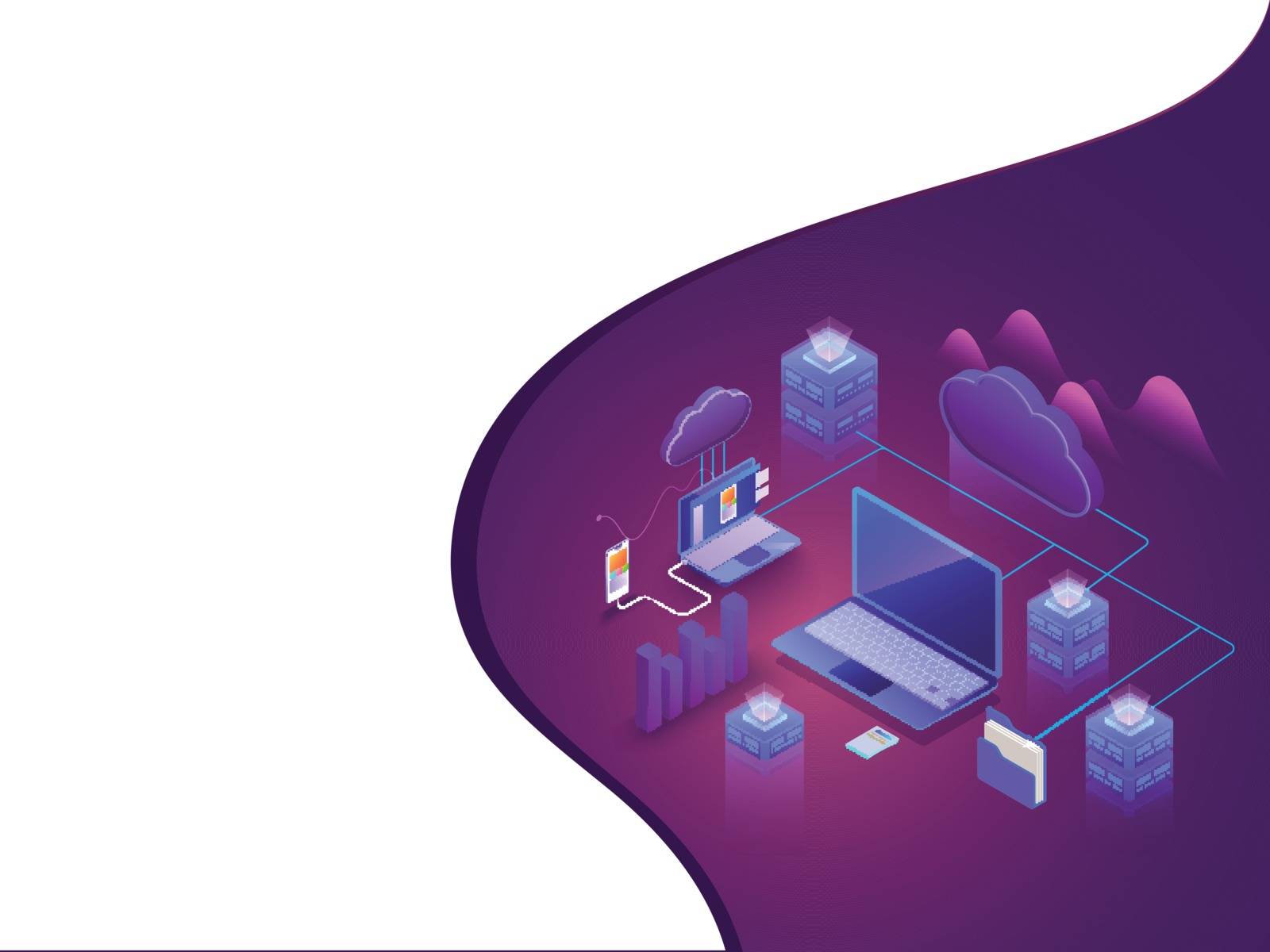 3D illustration of web servers and cloud server connected to laptop with other business elements on purple background for data management concept based isometric design.