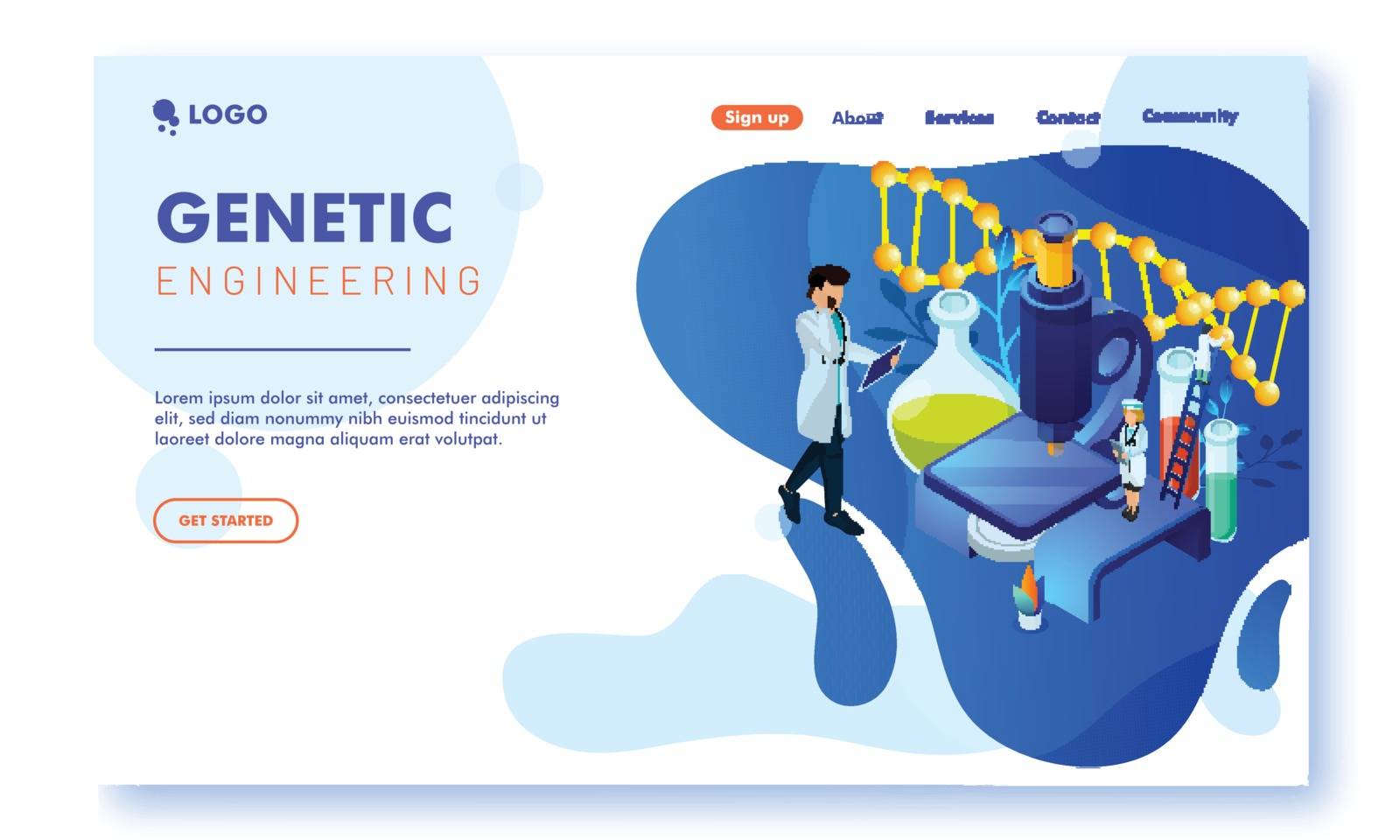 Website template with scientists doing research analyzing DNA molecule. genetic Engineering and Genome modification for advertisement.