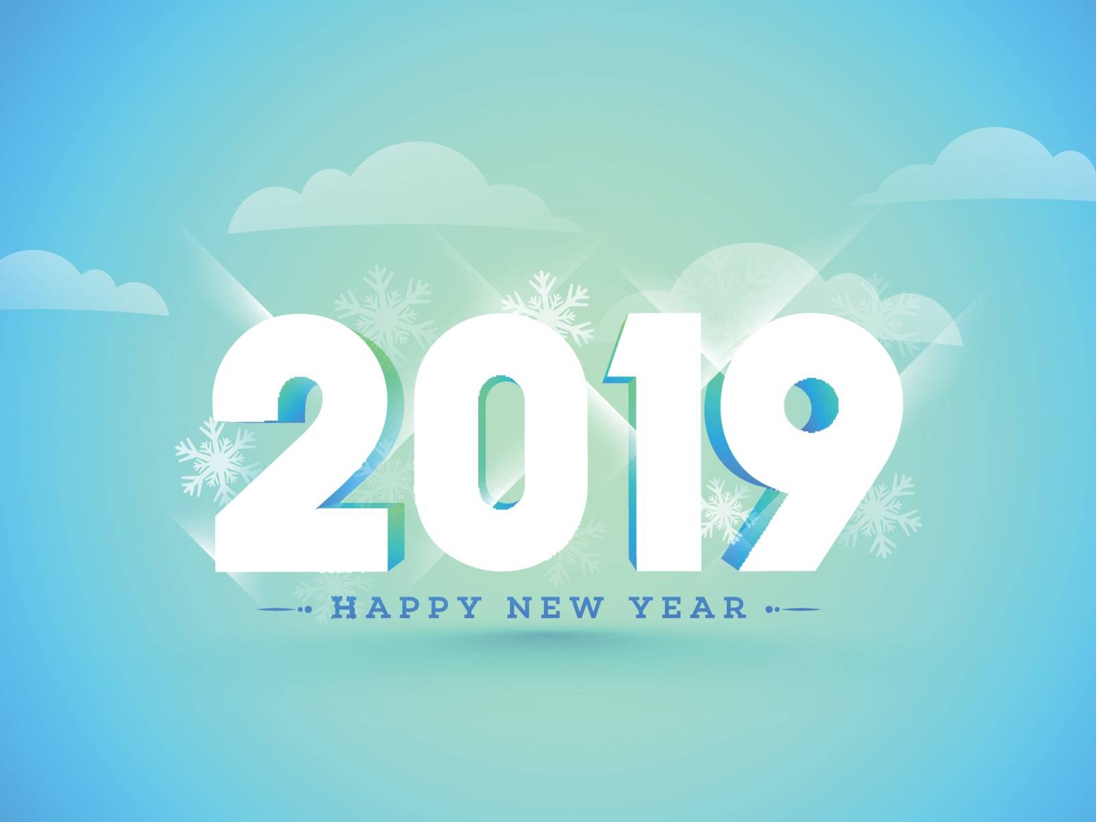 3D, white text 2019 on glossy cloudy background with snowflakes. Happy New Year greeting card design.
