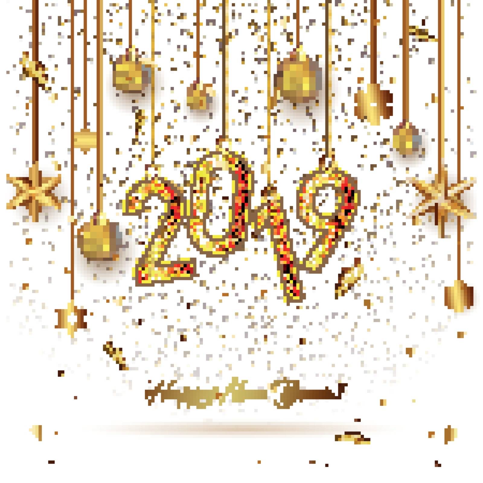 Creative glittering text 2019 with golden stars and baubles hang on white background for Happy New Year celebration.