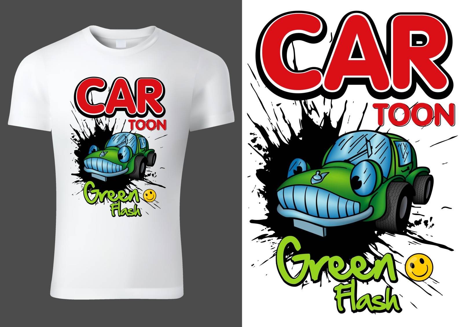 White Child T-shirt Design with Green Cartoon Car and Colored Inscriptions over Black Spatter - Cheerful Illustration, Vector