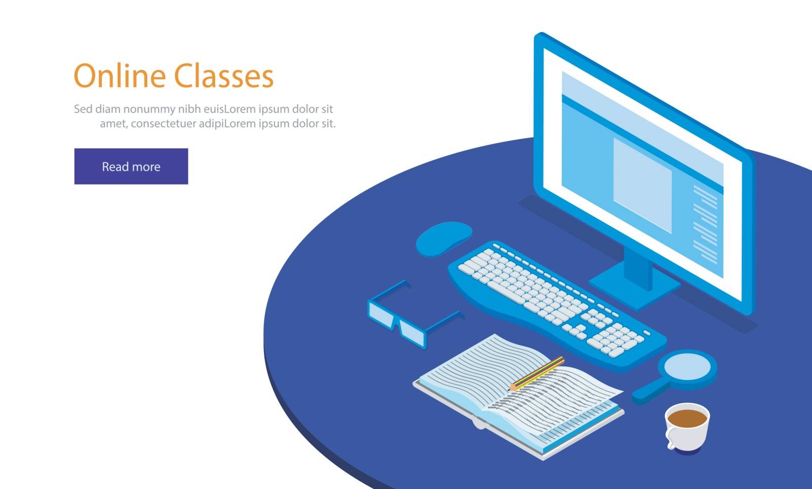 Online classes concept, Isometric desktop with study material on white background, responsive web template design.