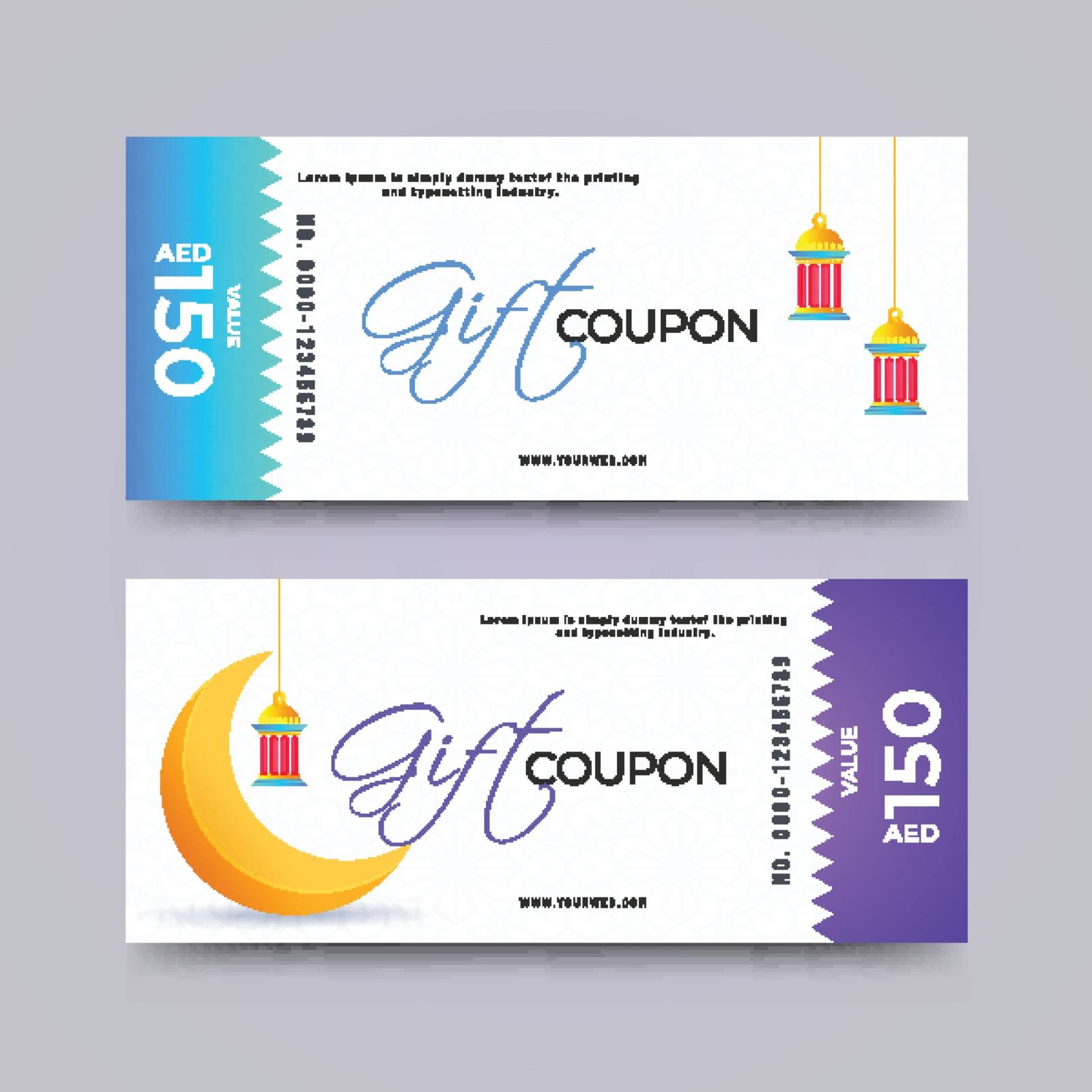 Horizontal gift coupon or voucher layout with best discount offer and hanging lantern decoration on white background.
