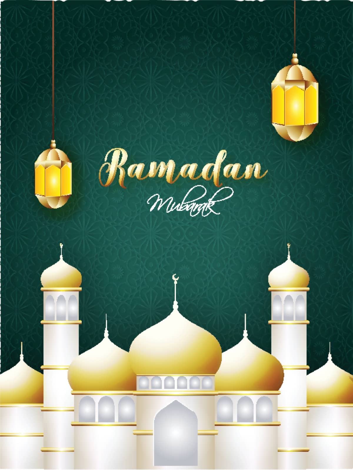 Ramadan Mubarak template or flyer design with illustration of mosque and hanging illuminated lanterns on green islamic pattern background.