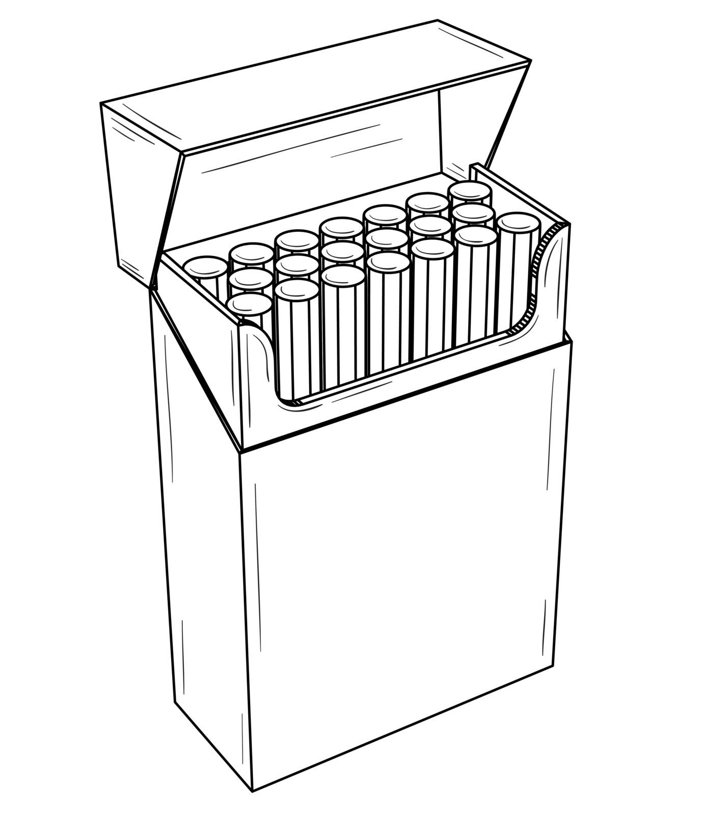 Open pack with cigarettes. Black outline illustration on white background. Sketch.
