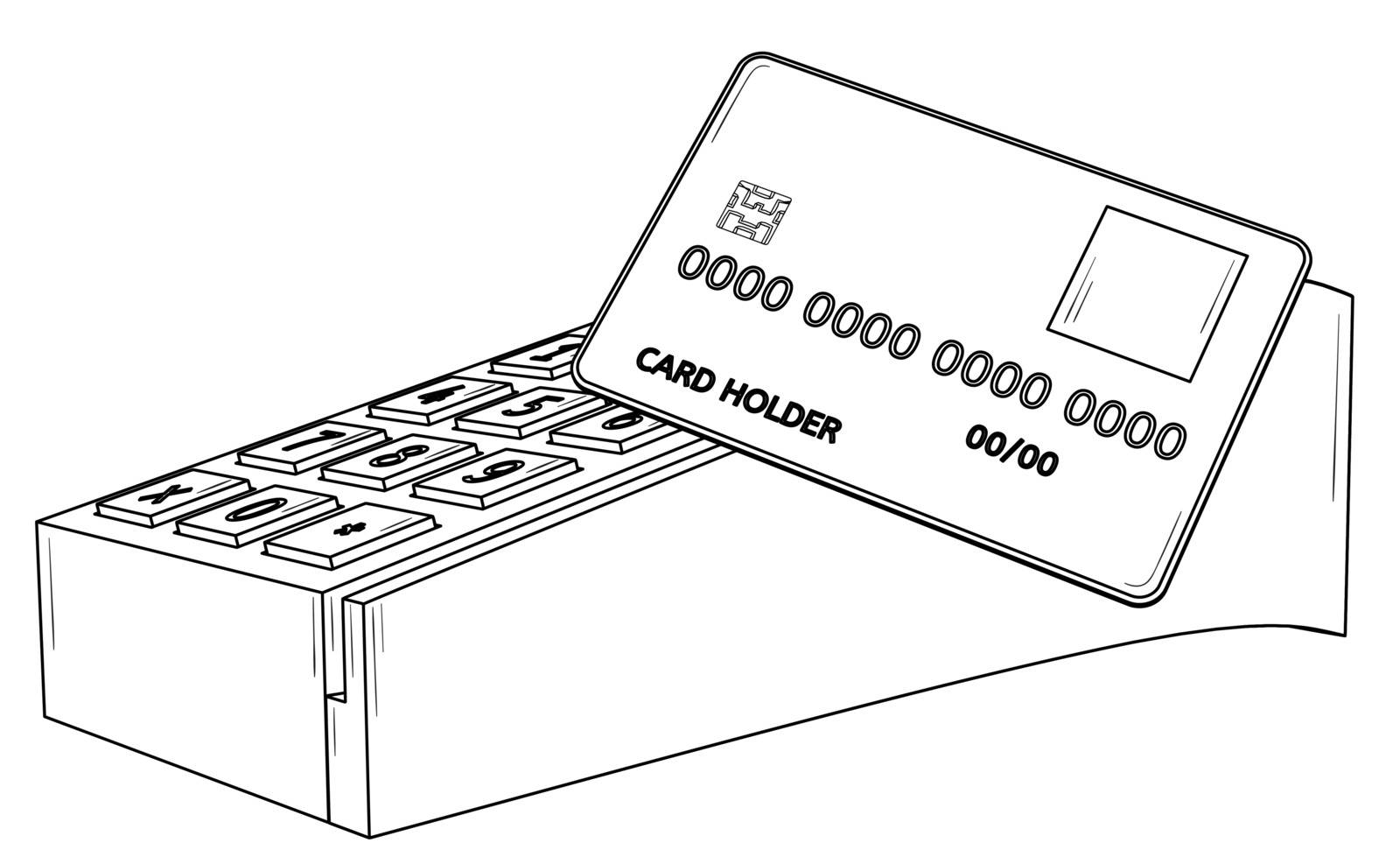 Payment terminal with credit card for payment of services. Black outline illustration on white background. Sketch.