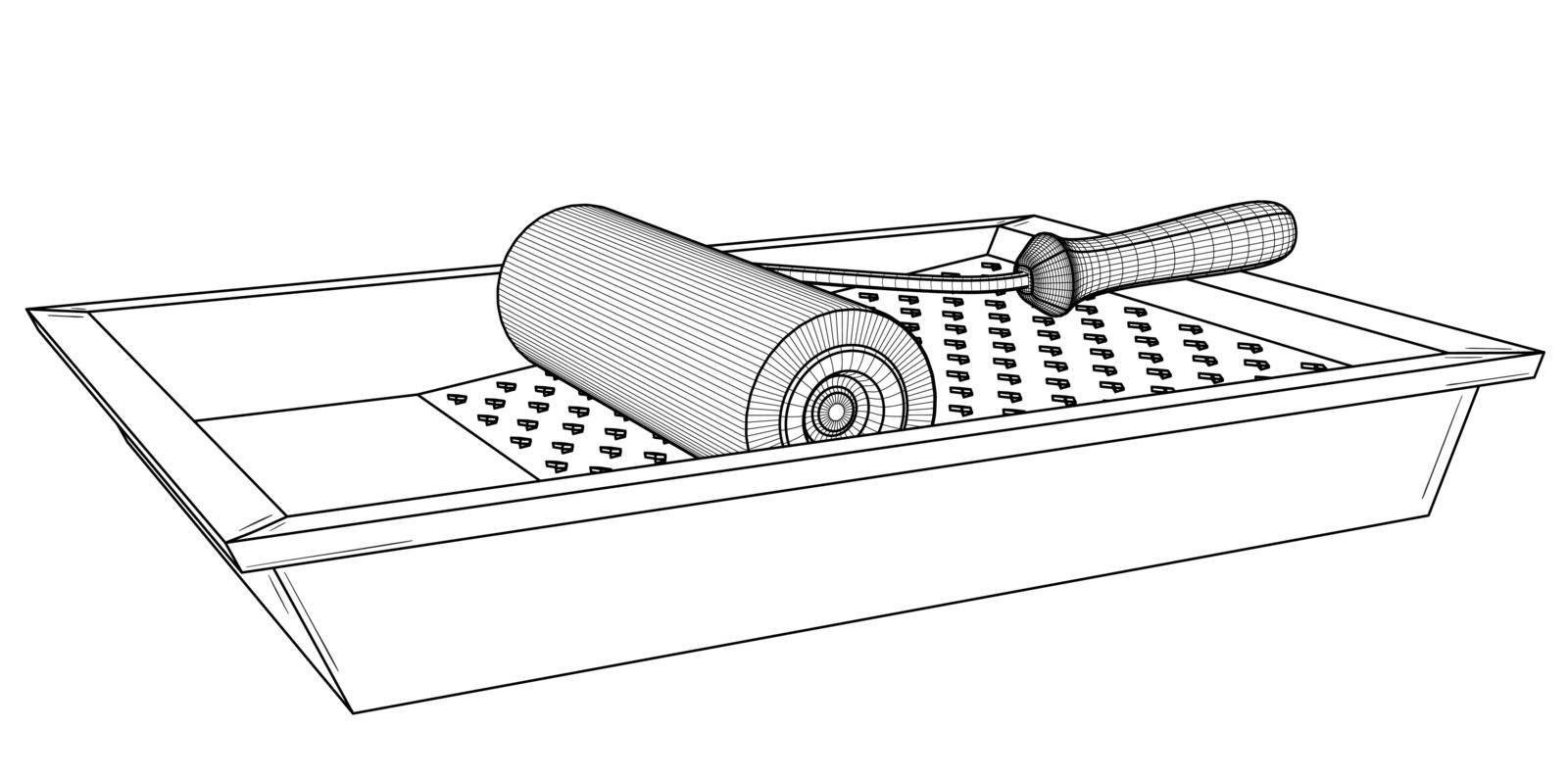 Painting roller with empty paint tray. Black outline illustration on white background. Sketch.