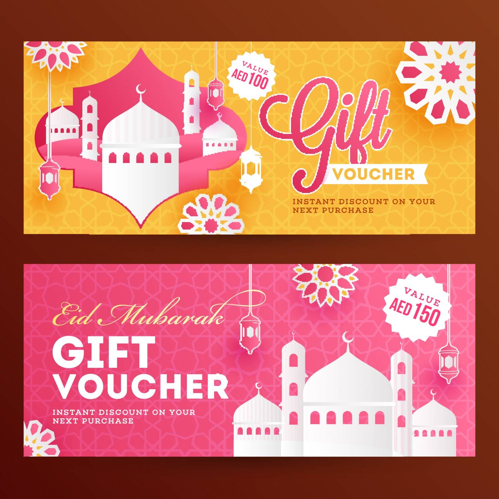 Eid Mubarak gift coupon or voucher front and back design in two different color.