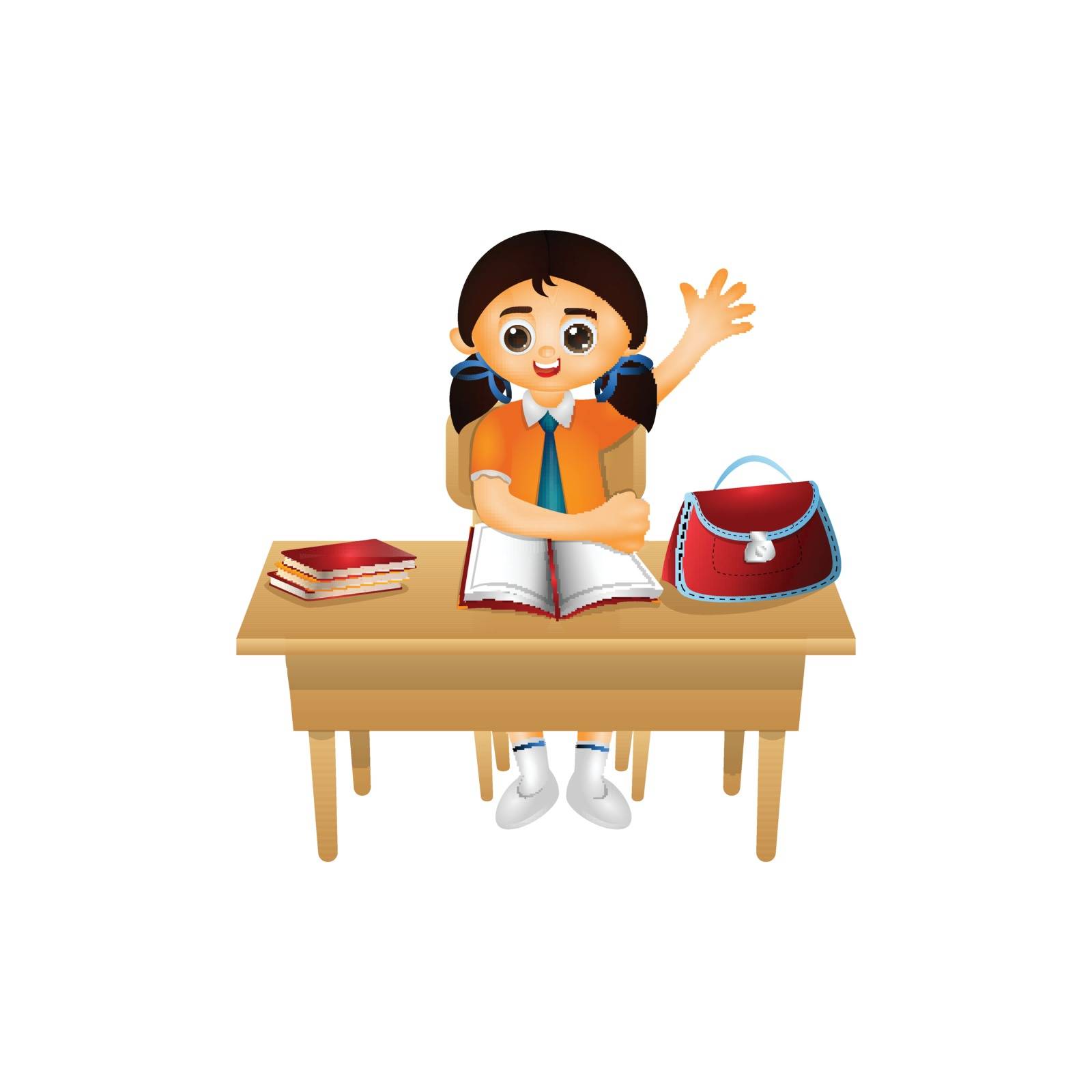 Cartoon character of girl sitting on study table.