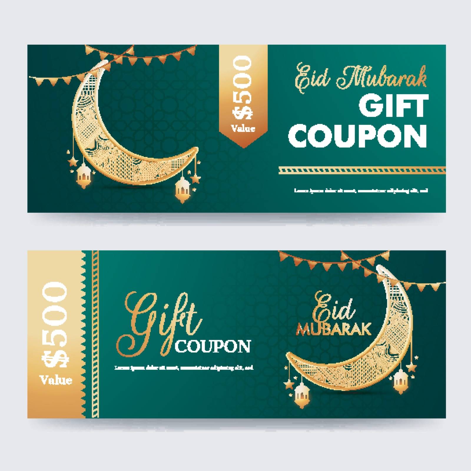 Gift Coupon or voucher layout collection with ornament crescent moon and discount offer for Eid Mubarak celebration.