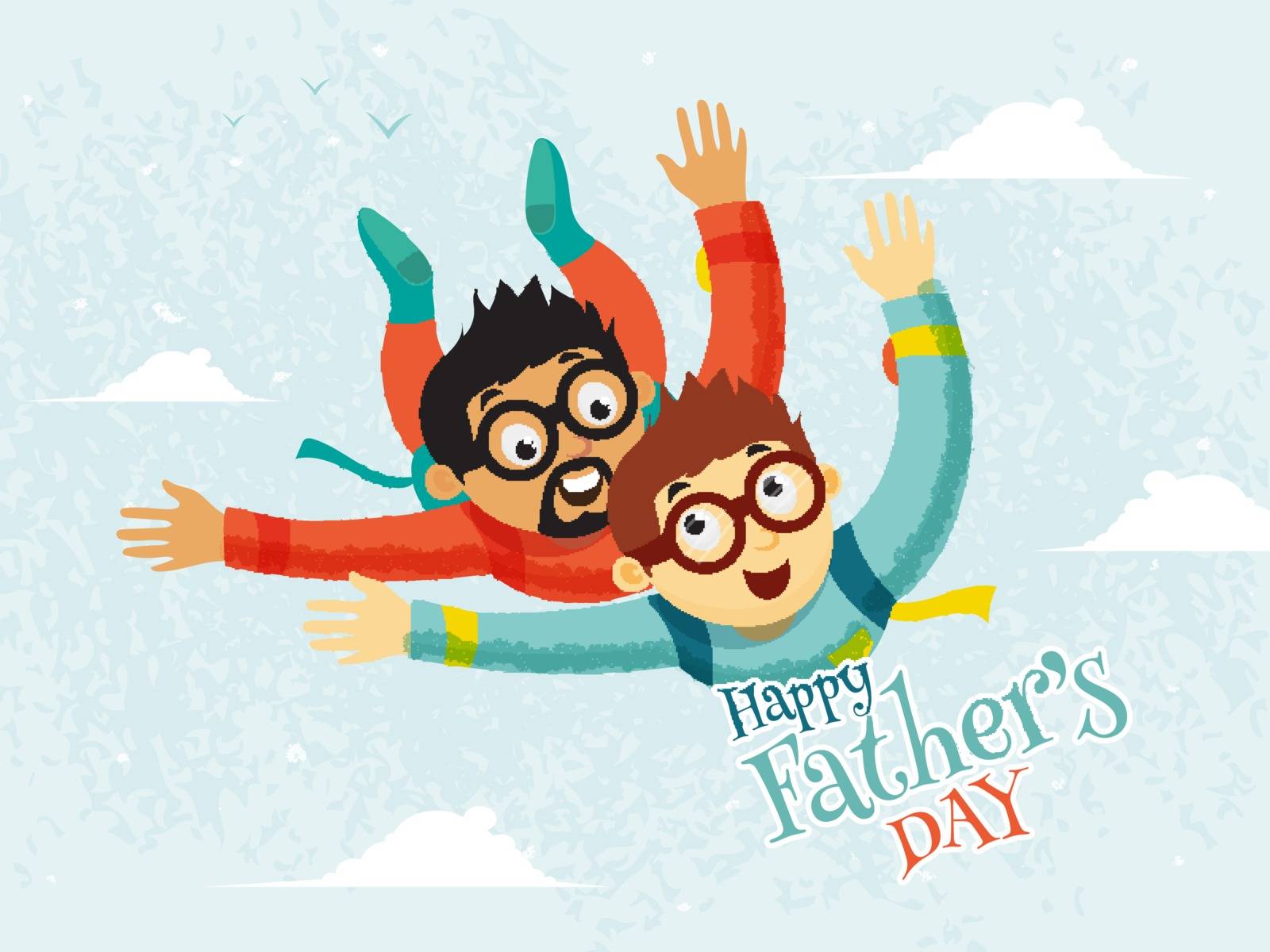 Father and son duo enjoying skydiving on abstract cloudy background for Happy Father's Day celebration.