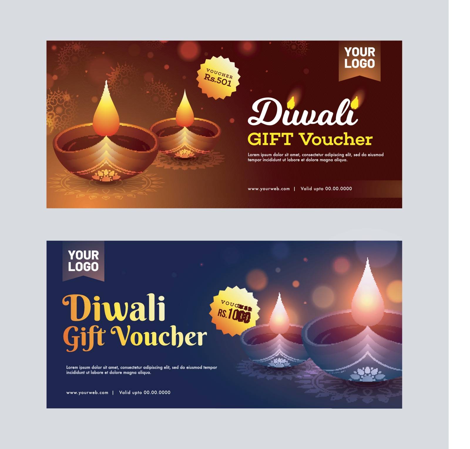 Diwali Gift Voucher, horizontal template set or discount coupon with illuminated oil lamps on glossy background.
