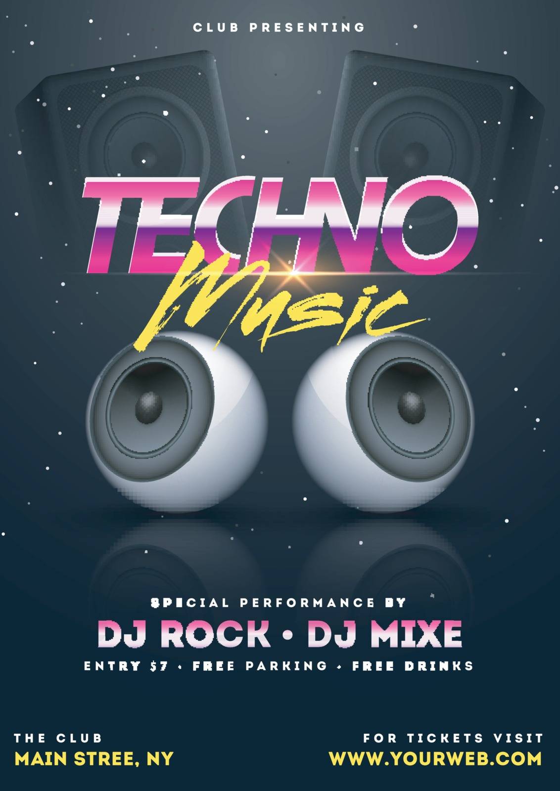 Techno music party template with illustration of realistic speakers.