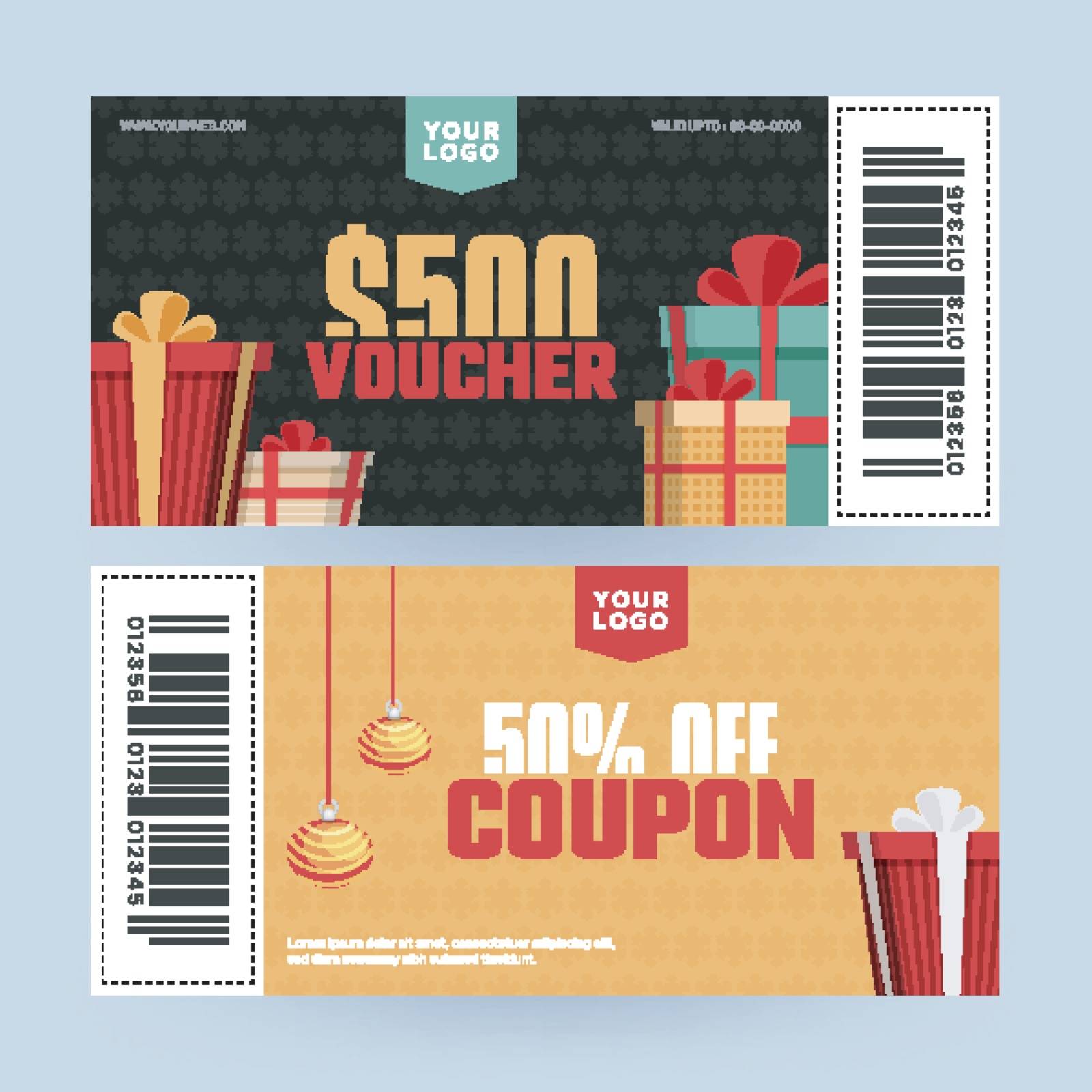 Creative voucher or coupon layout with different discount offer and gift boxes.