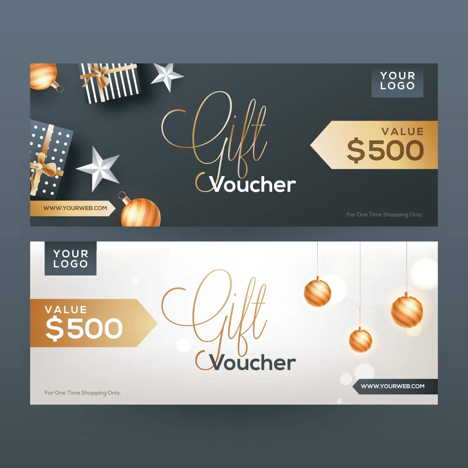 Elegant gift voucher or coupon layout with best discount offers and decorative gift boxes and baubles.