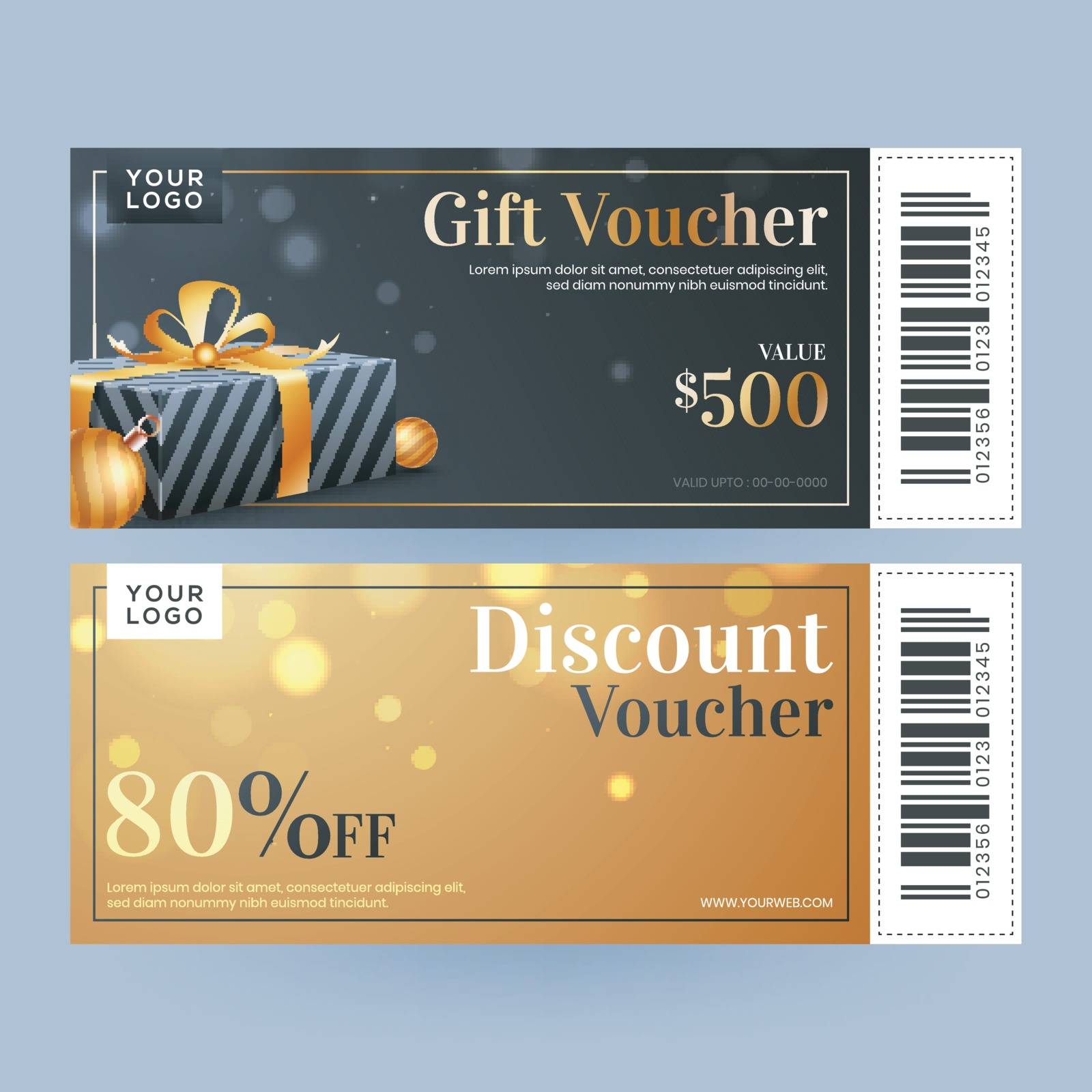 Horizontal template set, gift voucher or discount coupon with best discount value.