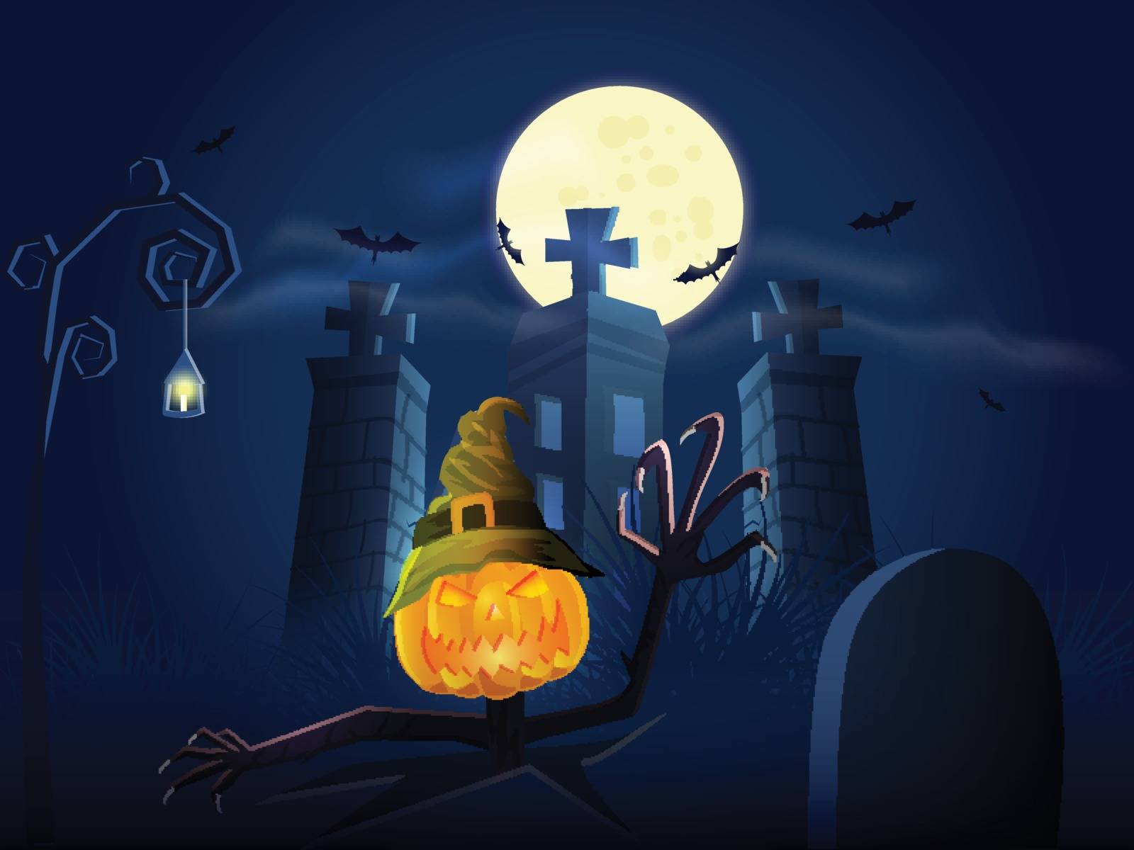 Halloween pumpkin, zombie jack-o-lantern with haunted house on f by aispl
