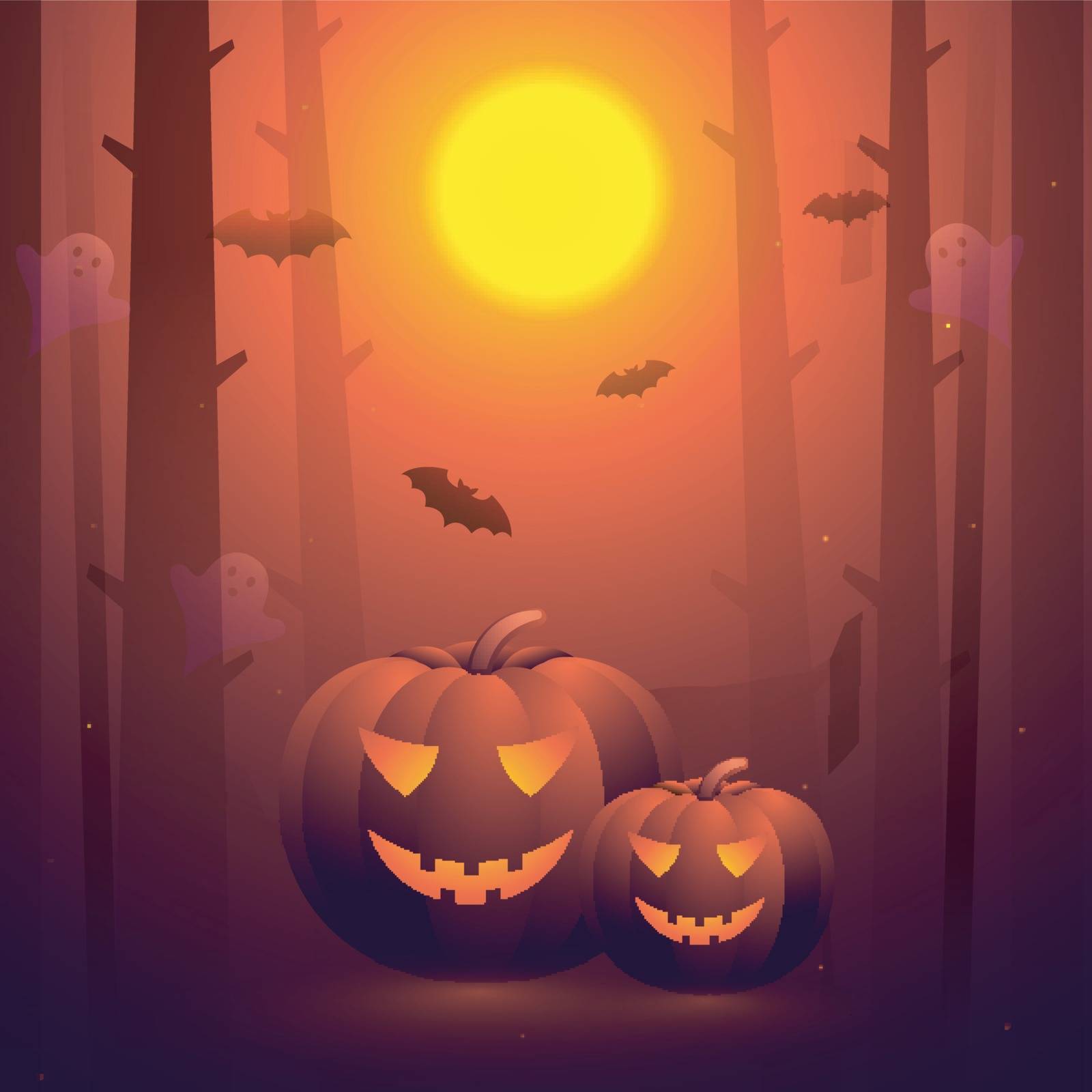 Spooky pumpkins in haunted forest on shiny full moon background for Happy Halloween celebration.