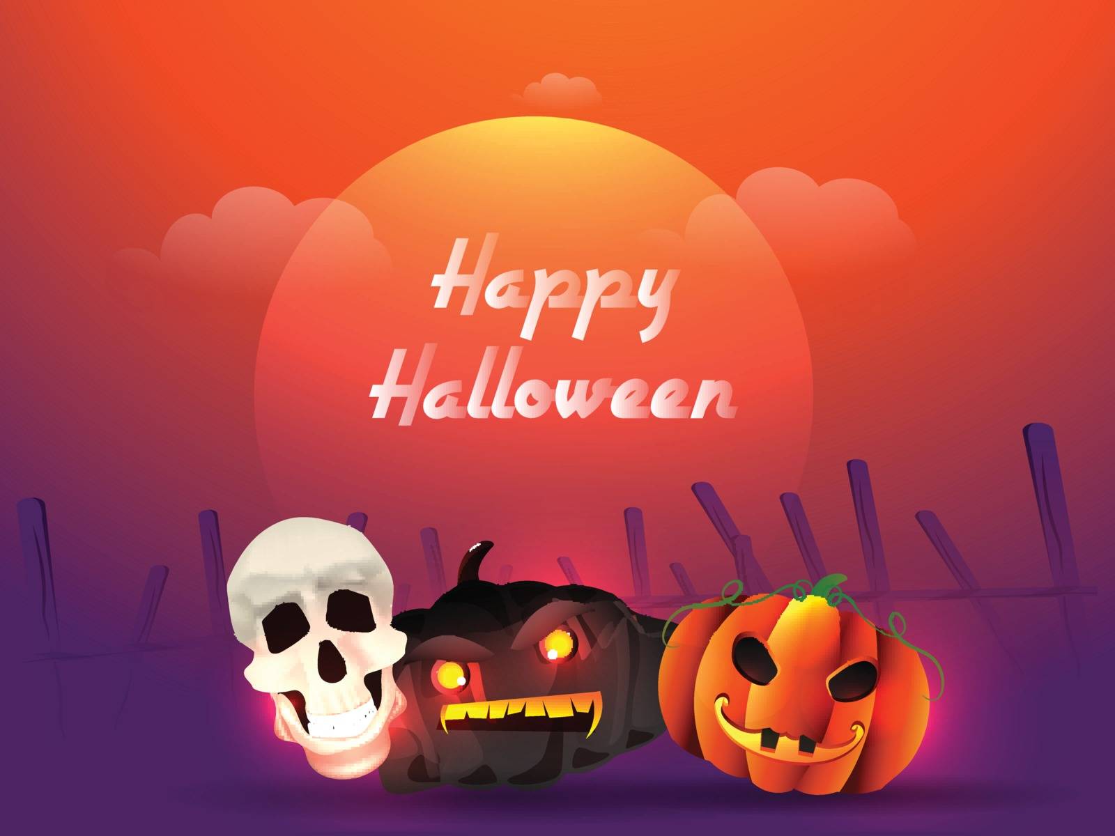 Scary faces of pumpkins and human skull on glossy full moon background. Happy Halloween greeting card design.