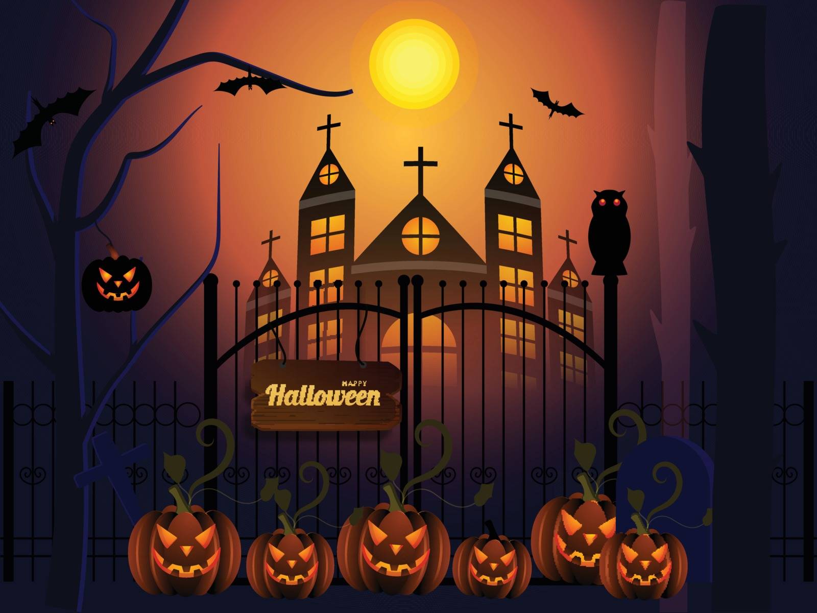 Halloween full moon night background with scary jack-o-lanterns and haunted house illustration.