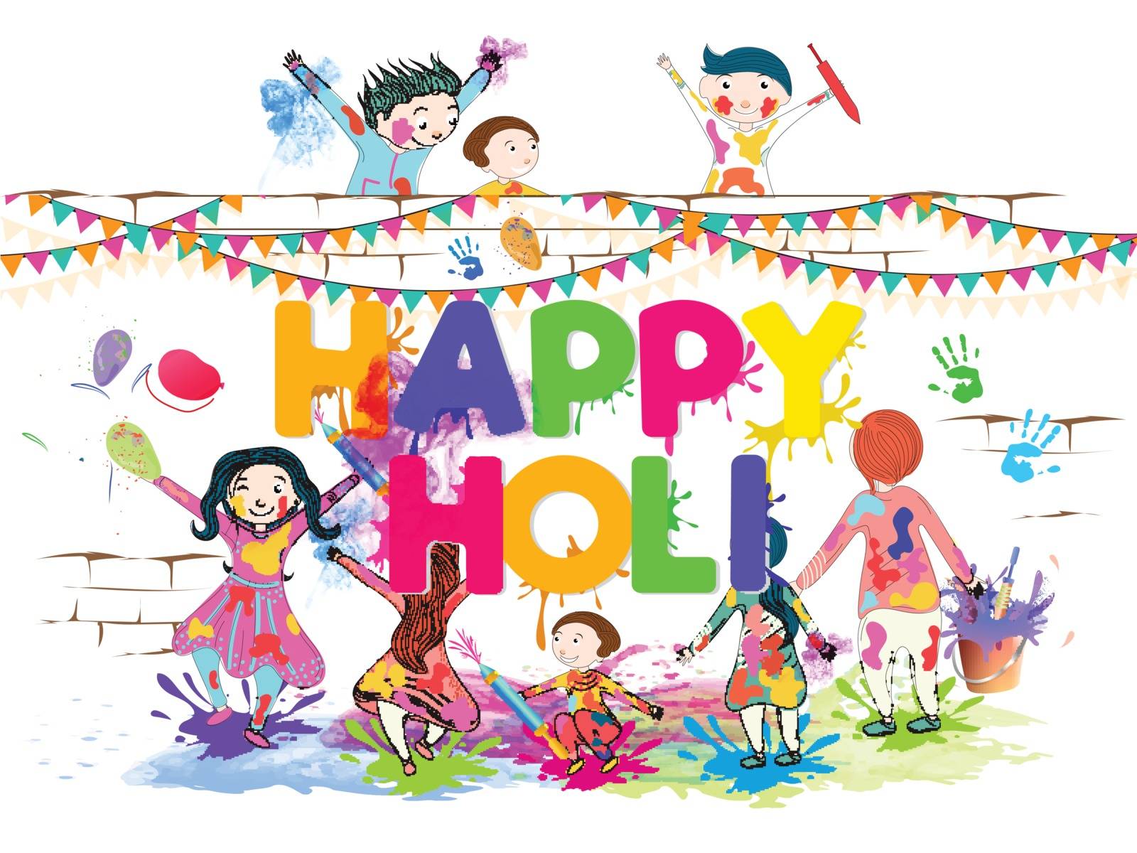 Cute kids playing with colours on occasion of Happy Holi festival, poster or banner design.
