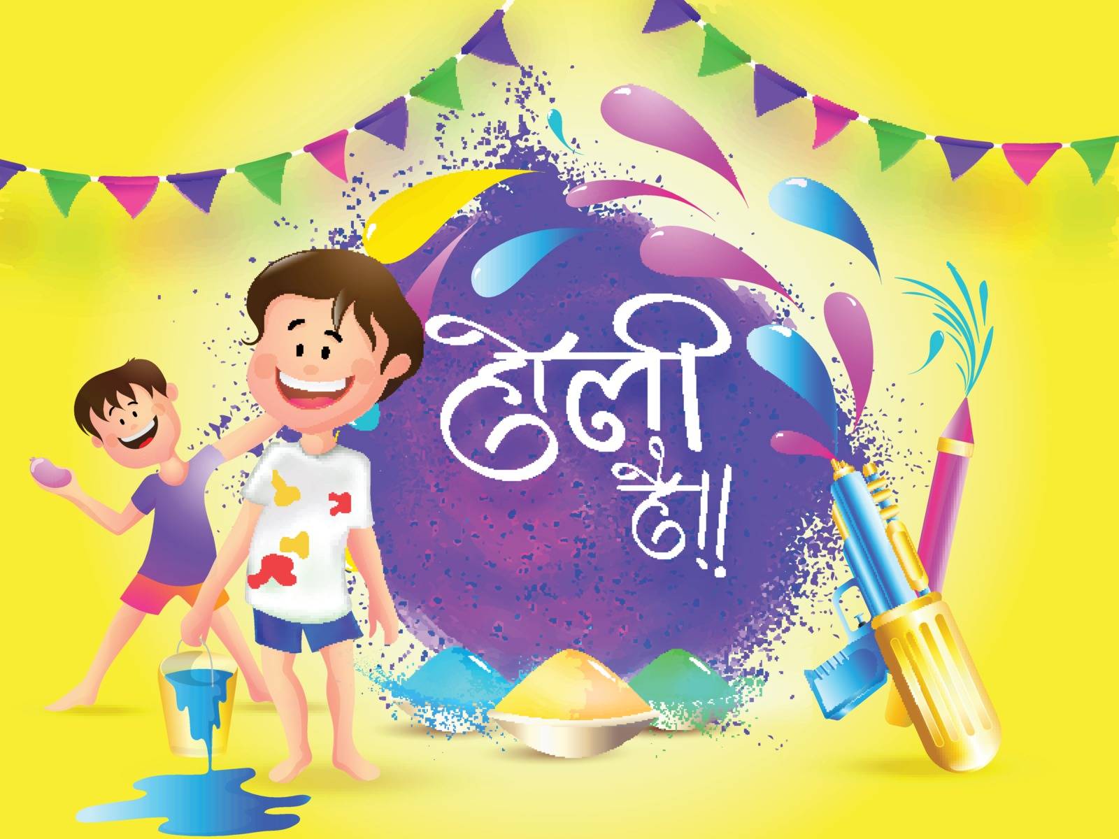 Cute little boys playing with colors on occasion of indian festival, creative hindi text of Holi Hai (its Holi) on powder colorful abstract background.