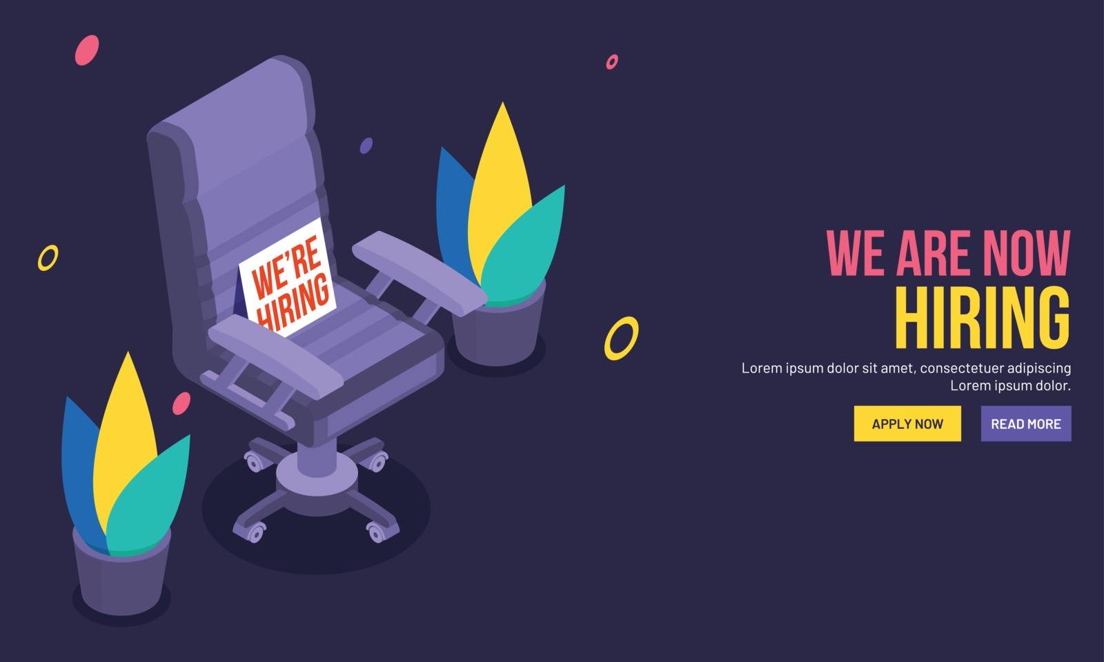 Responsive web template design with illustration of armchair for repotated designation on blue background for We Are Hiring concept.
