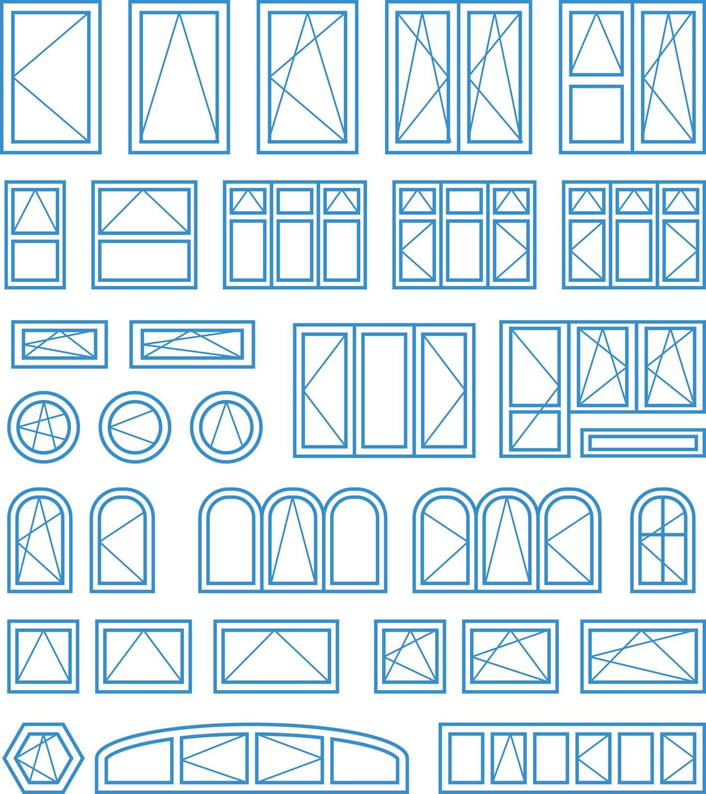 Types of opening and closing windows and doors. Vector illustration on white background