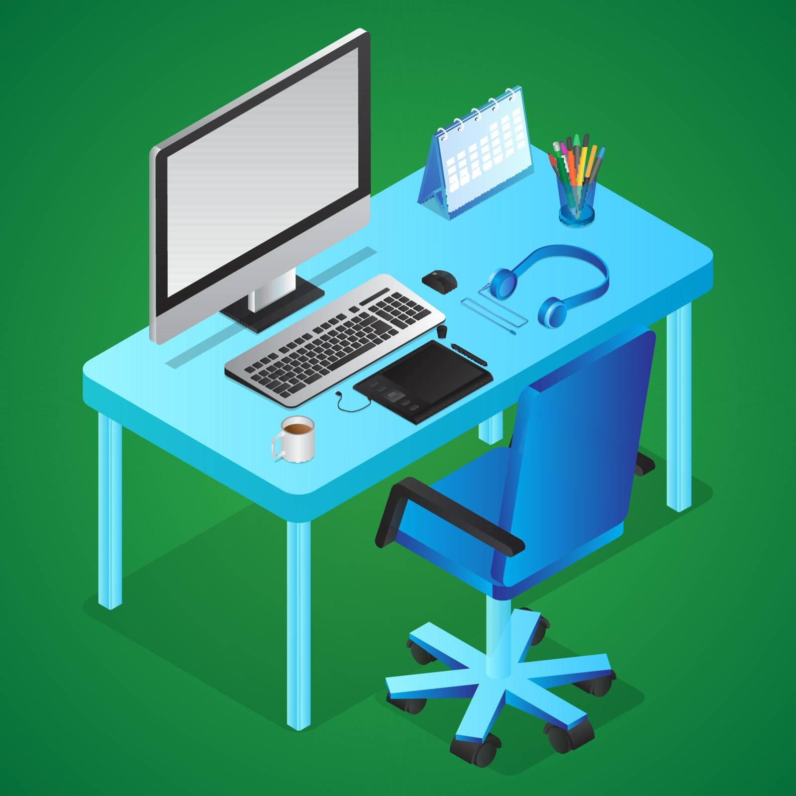 3D Workplace view of Graphic designer objects like as computer, graphic tablet, calendar, headphone and pen holder on blue desk with chair.