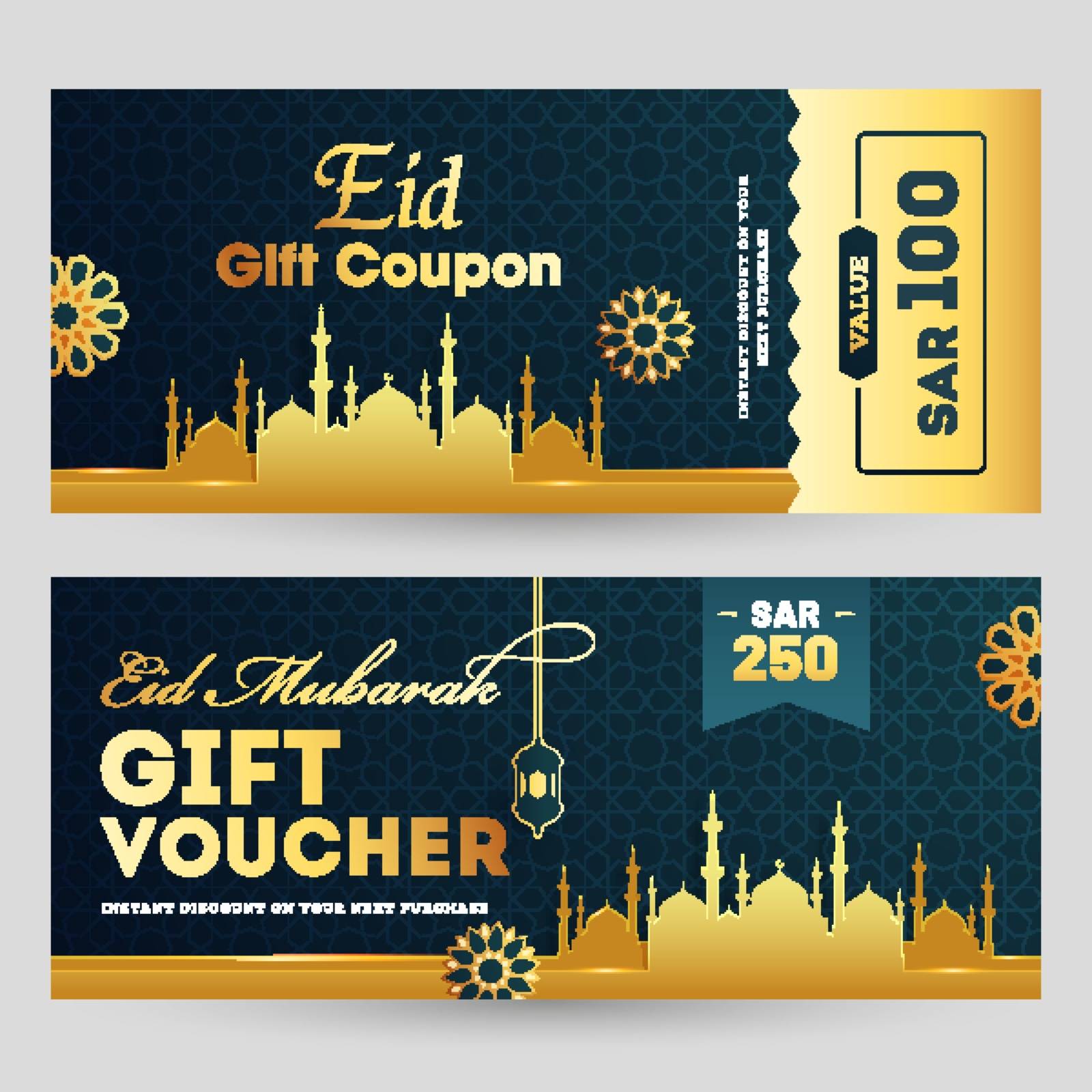 Eid Mubarak gift coupon or voucher front and back design with decoration of golden mosque on green background.