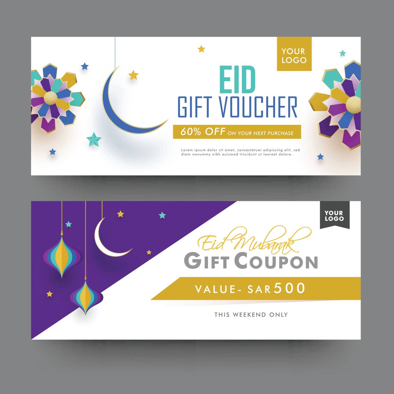Creative Gift Voucher or Coupon template set in two different styles, Stylish colorful typography background for Eid Mubarak Festival celebration.